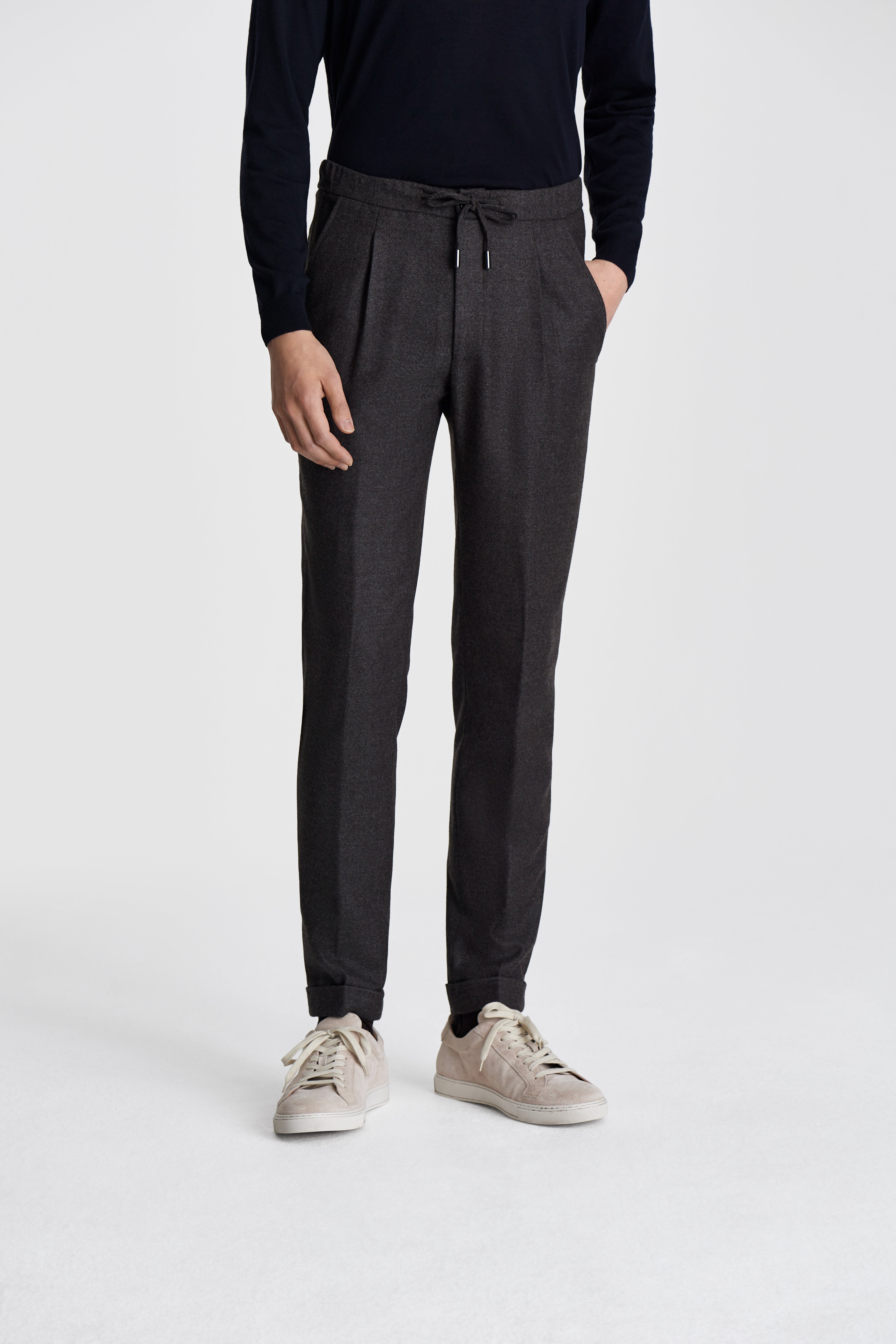 Wool Cashmere Casual Tailored Trousers Charcoal Brown Model Cropped Image