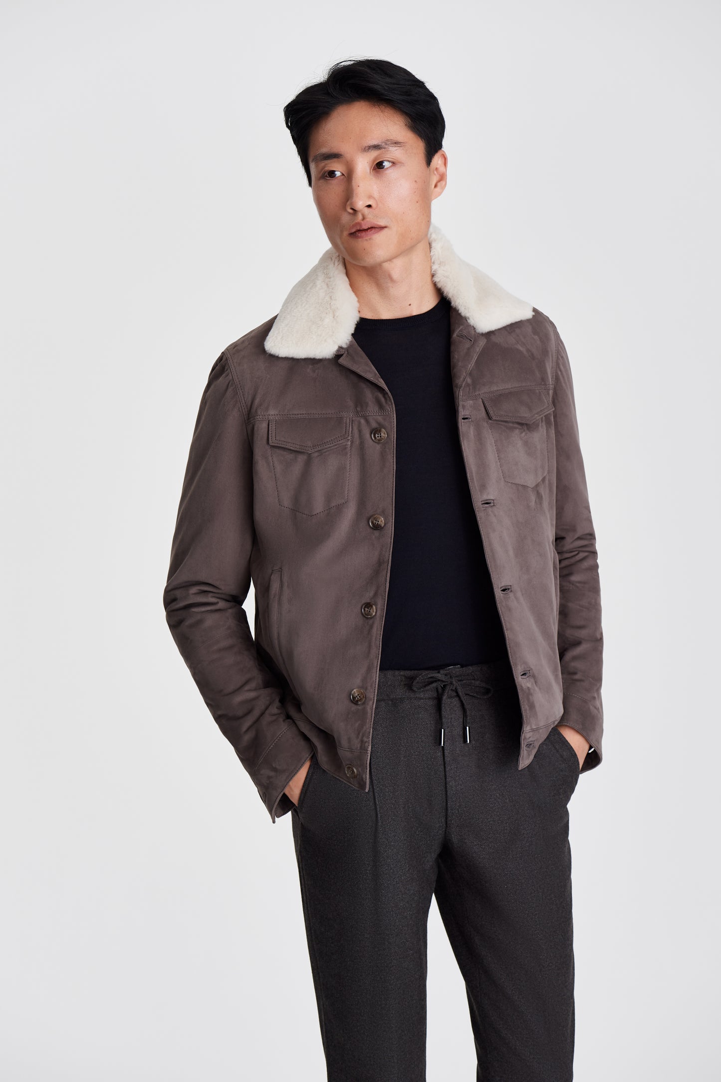 Suede Fur Lined Trucker Jacket Grey Model Cropped Image