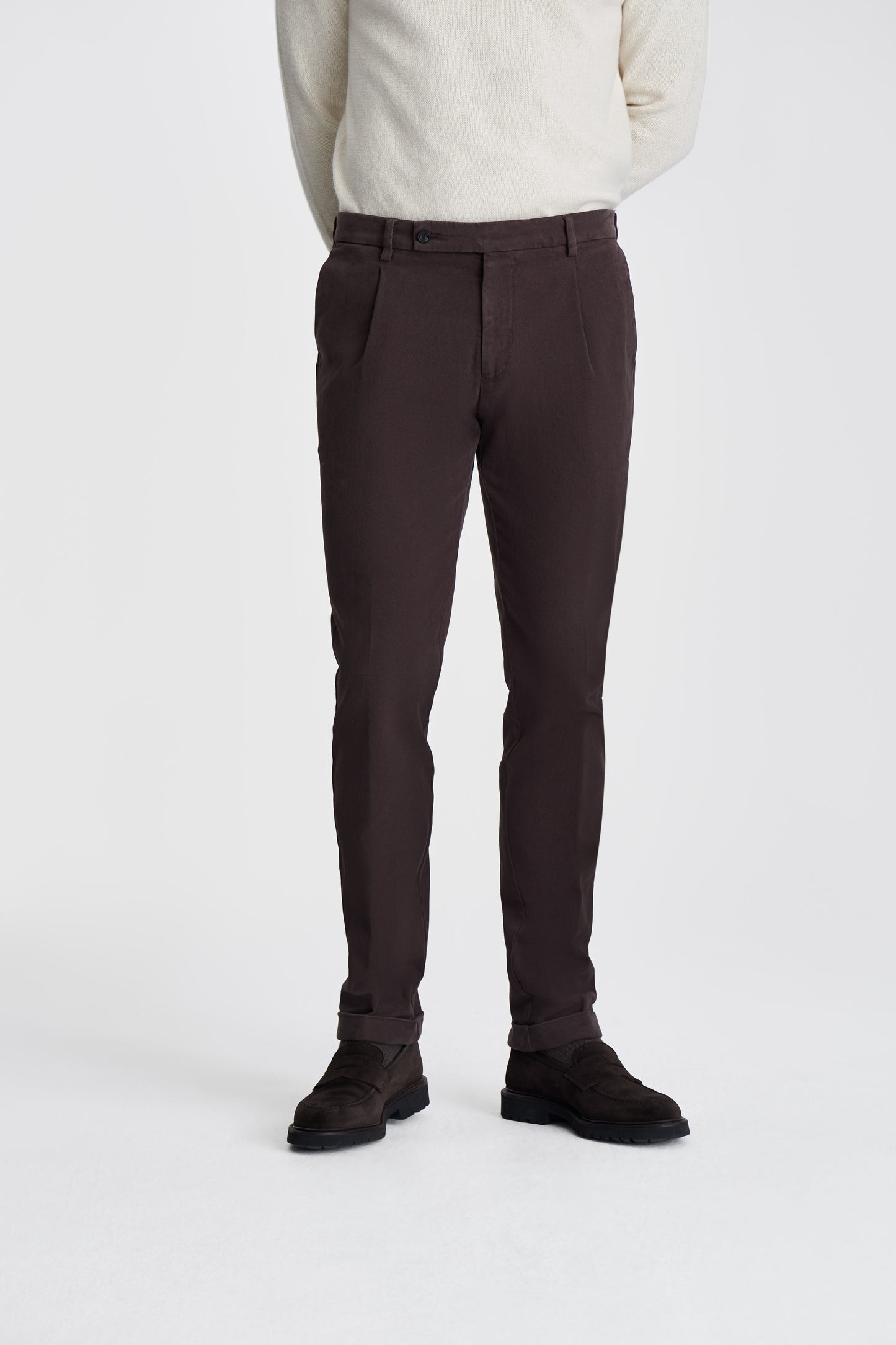 Cotton Single Pleat Chinos Brown Model Cropped Image