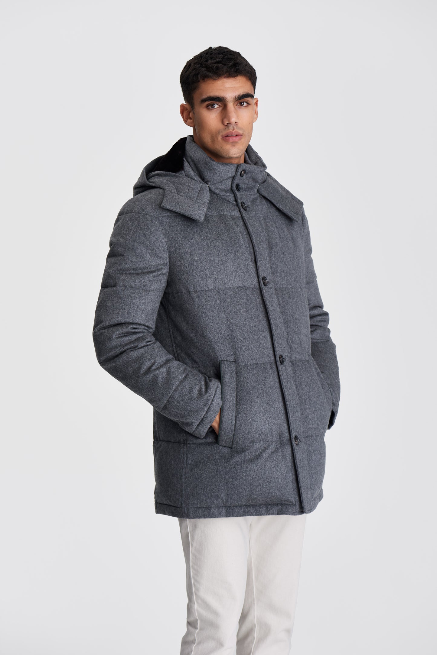 Cashmere Quilted Parka Grey Model Cropped Image