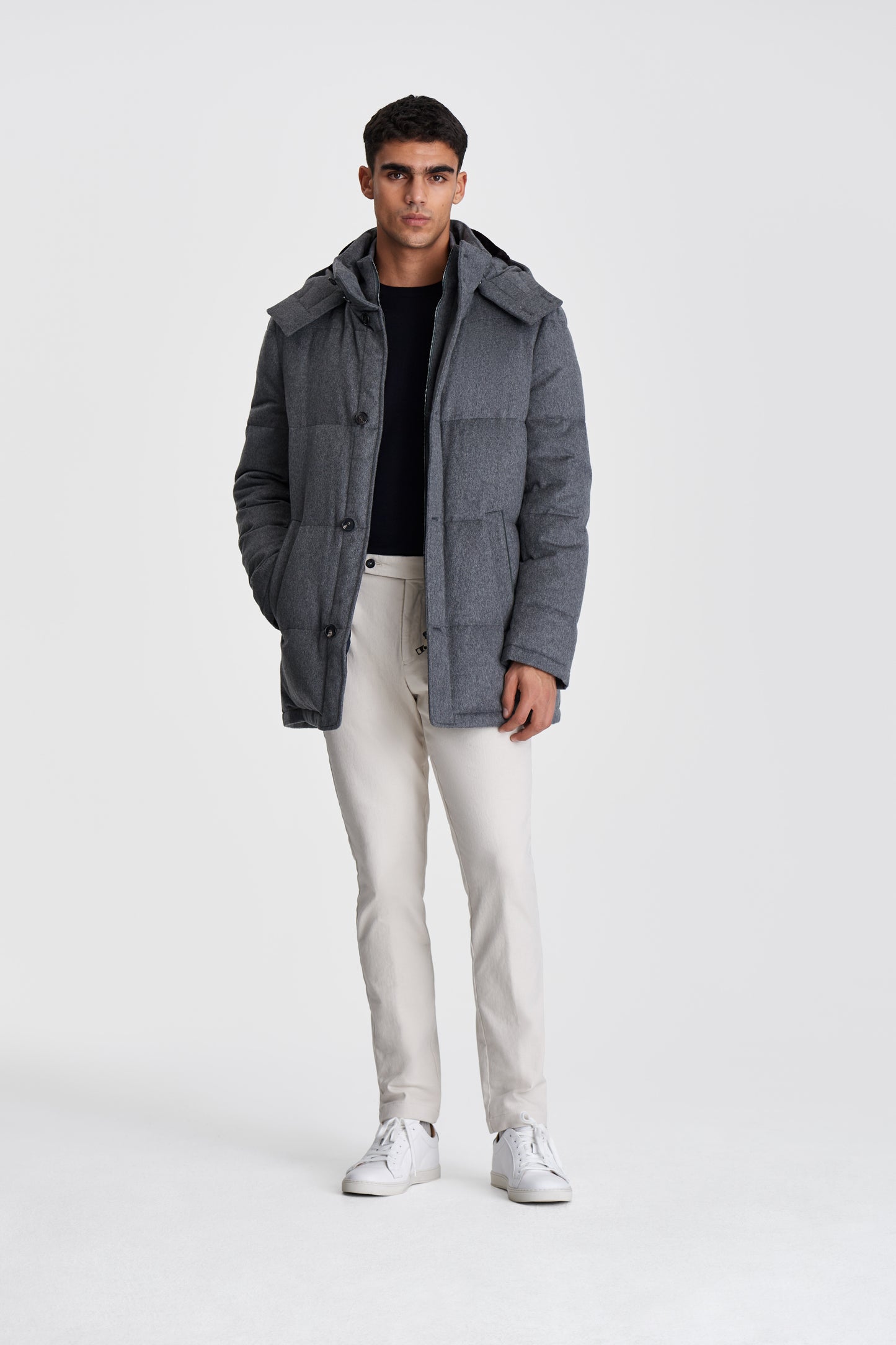 Cashmere Quilted Parka Grey Model Open Image