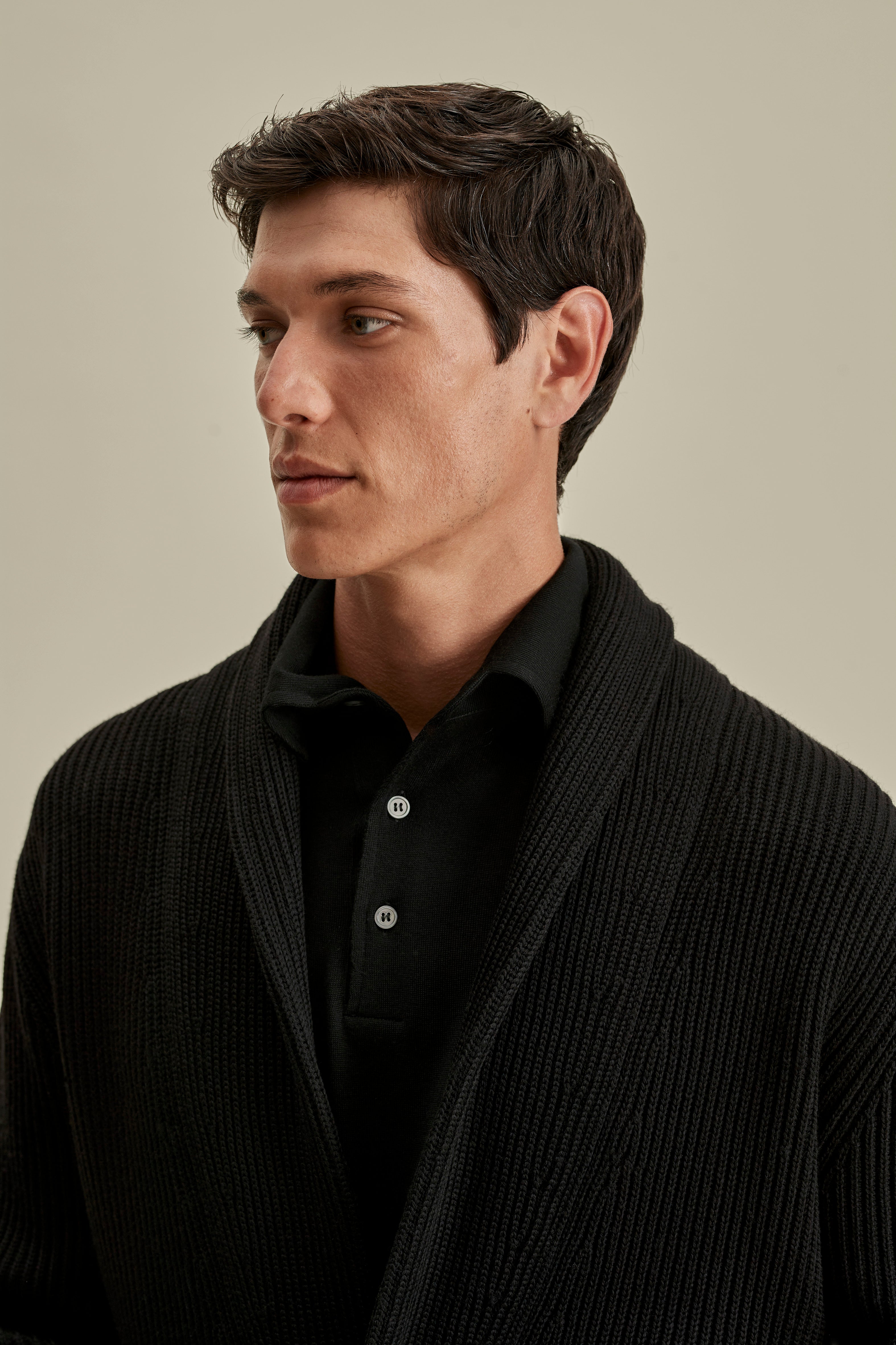 Merino Wool Single Breasted Shawl Cardigan Black Model Neck Image