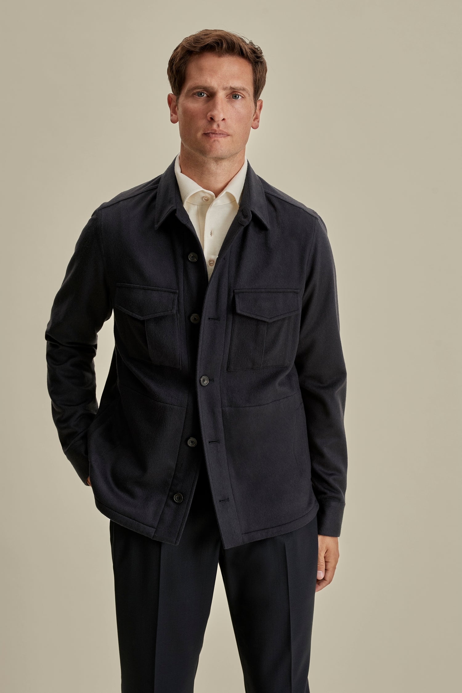 Cashmere Overshirt Navy Model Cropped Image