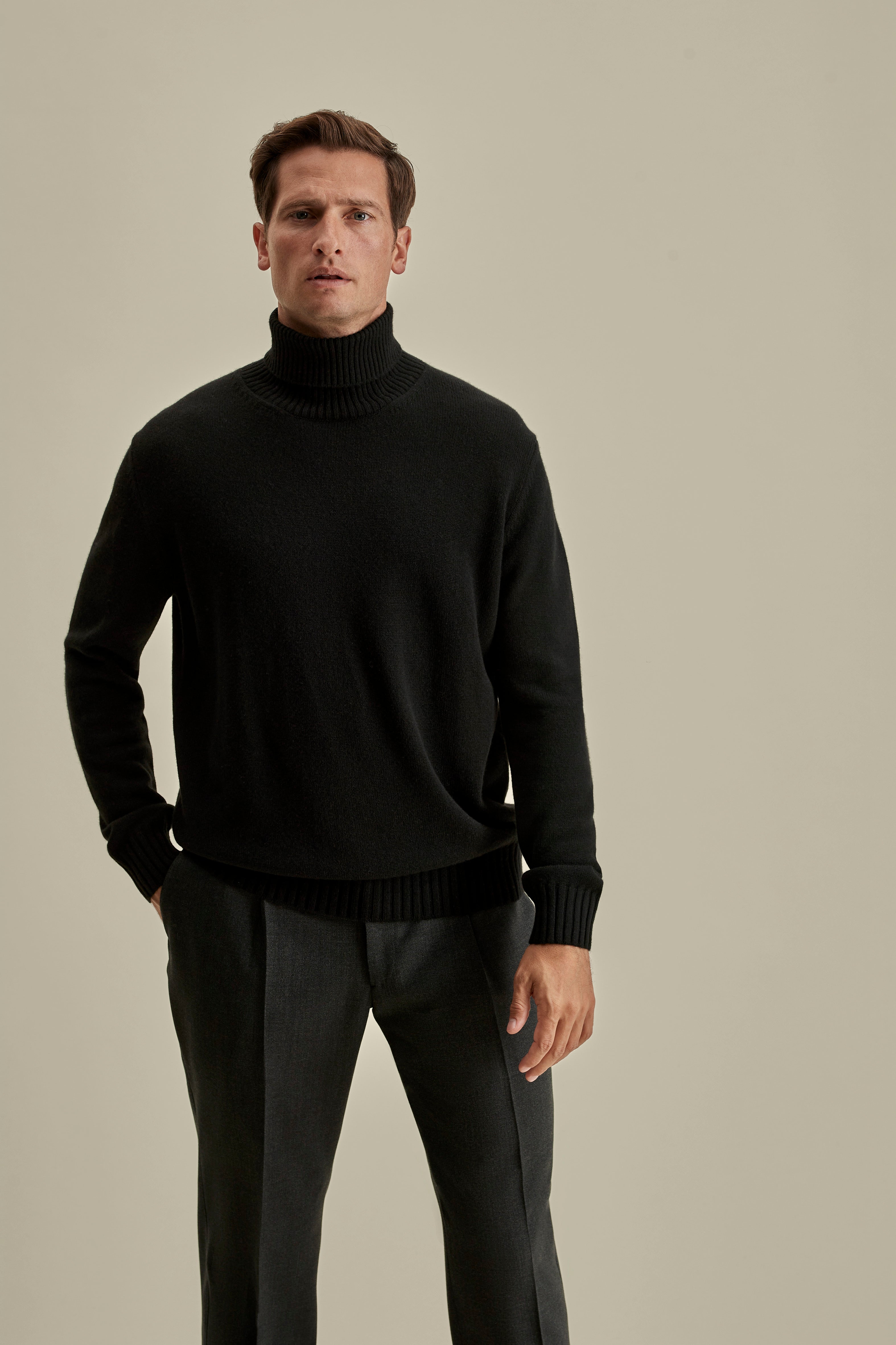 Cashmere Roll Neck Sweater Black Model Cropped Image