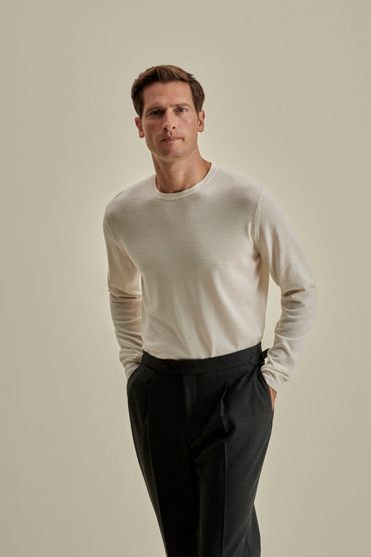 Merino Wool Extrafine Crew Neck Sweater Off White Model Cropped Image