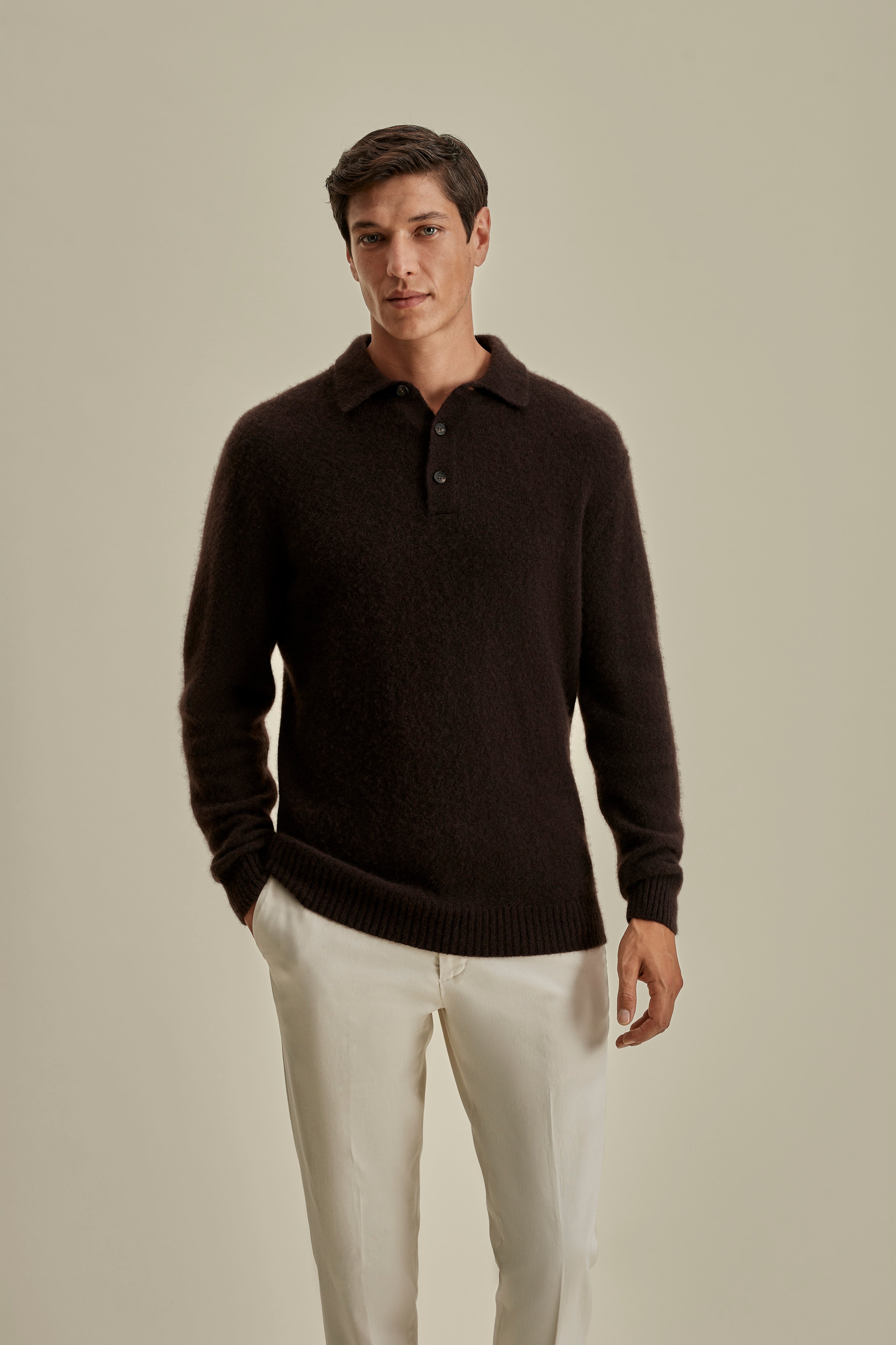 Brushed Cashmere Silk Long Sleeve Polo Shirt Dark Brown Model Cropped Image