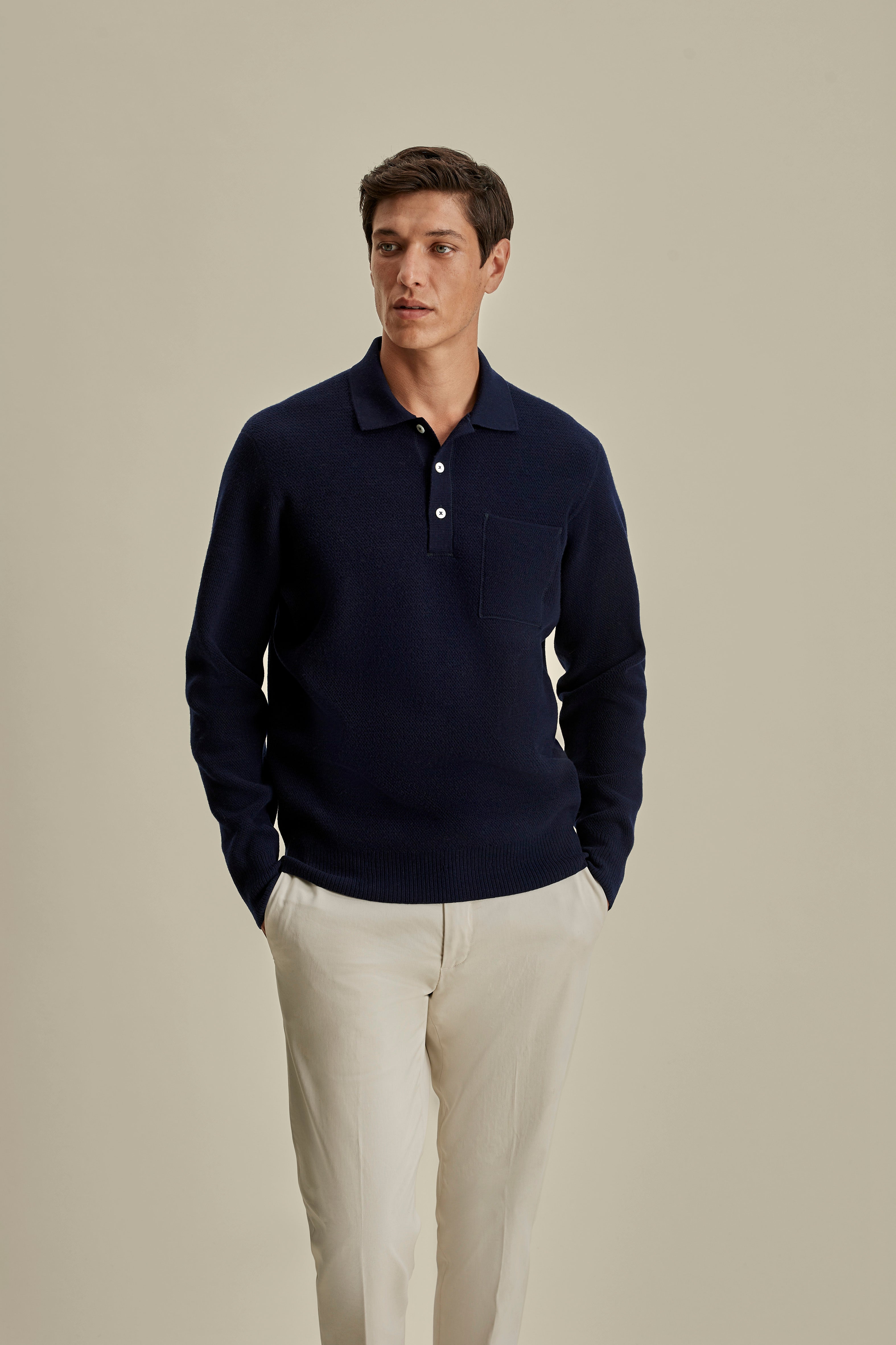 Wool Long Sleeve Polo Shirt Navy Model Cropped Image