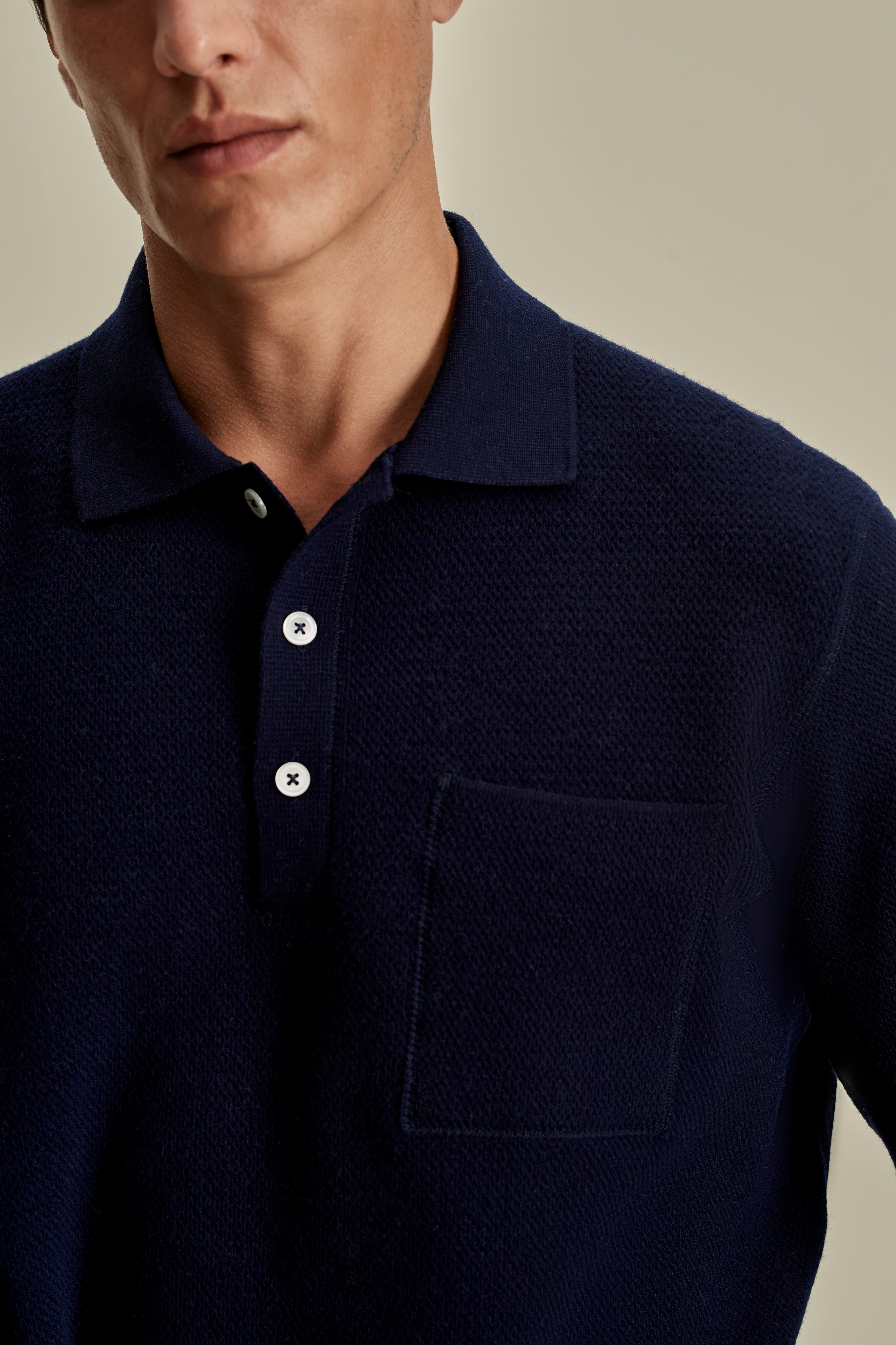 Wool Long Sleeve Polo Shirt Navy Model Collar Image