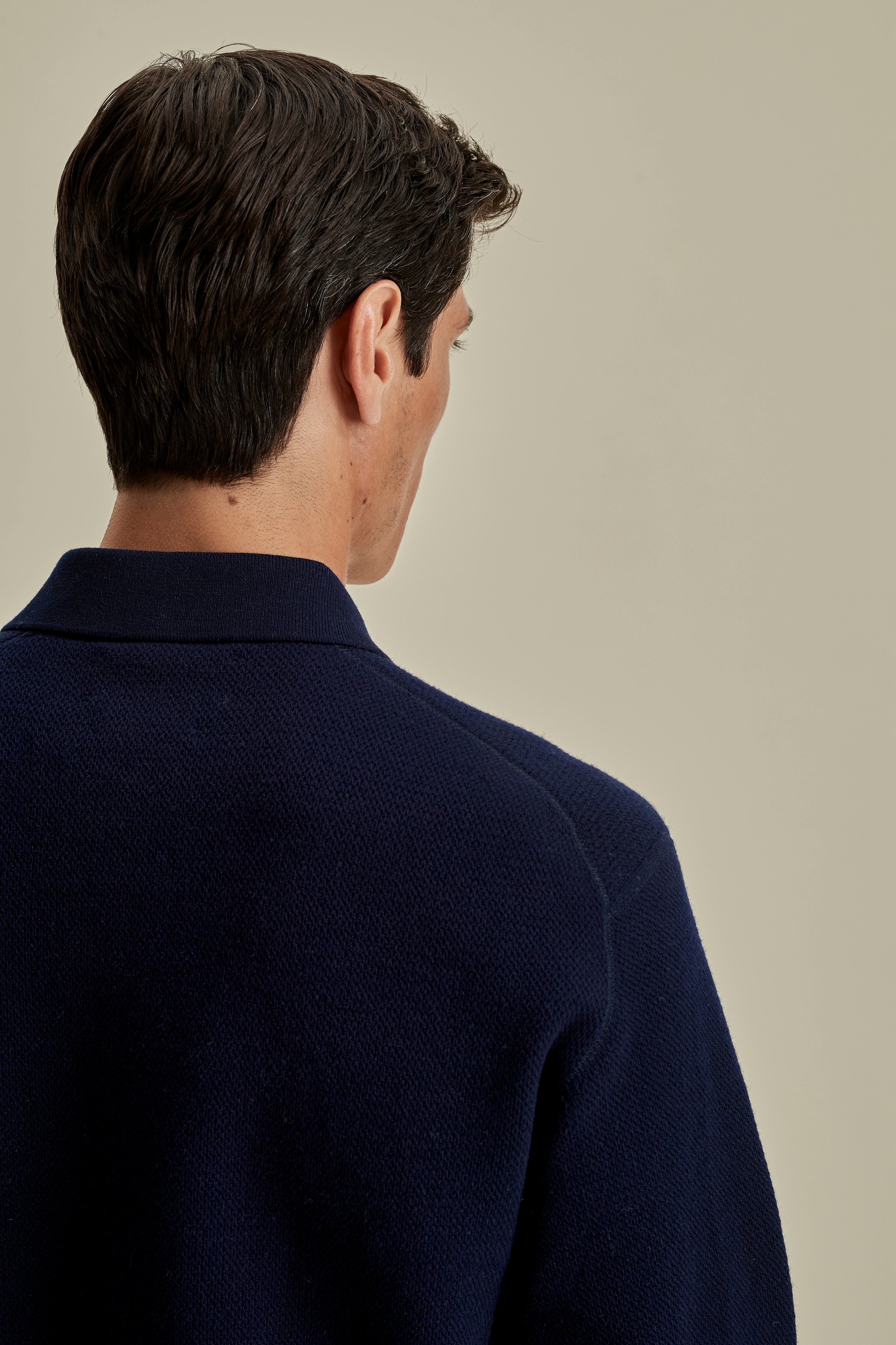 Wool Long Sleeve Polo Shirt Navy Model Shoulder Image