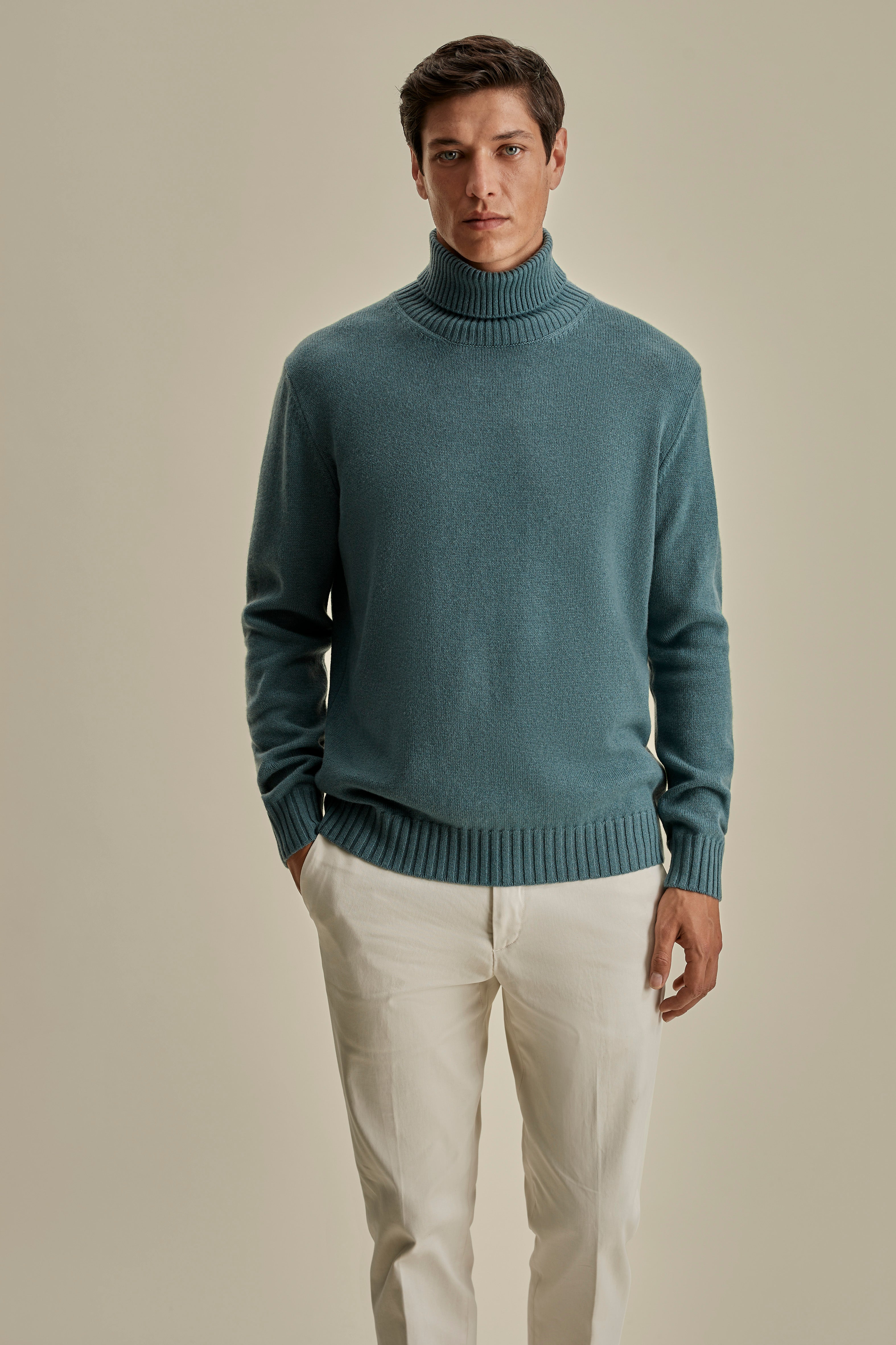 Cashmere Roll Neck Sweater Powder Blue Model Cropped Image