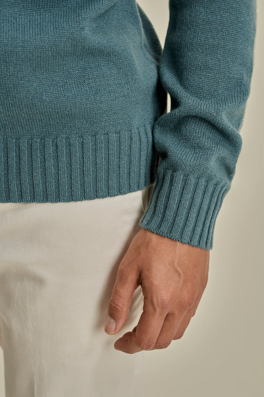 Cashmere Roll Neck Sweater Powder Blue Model Sleeve Image