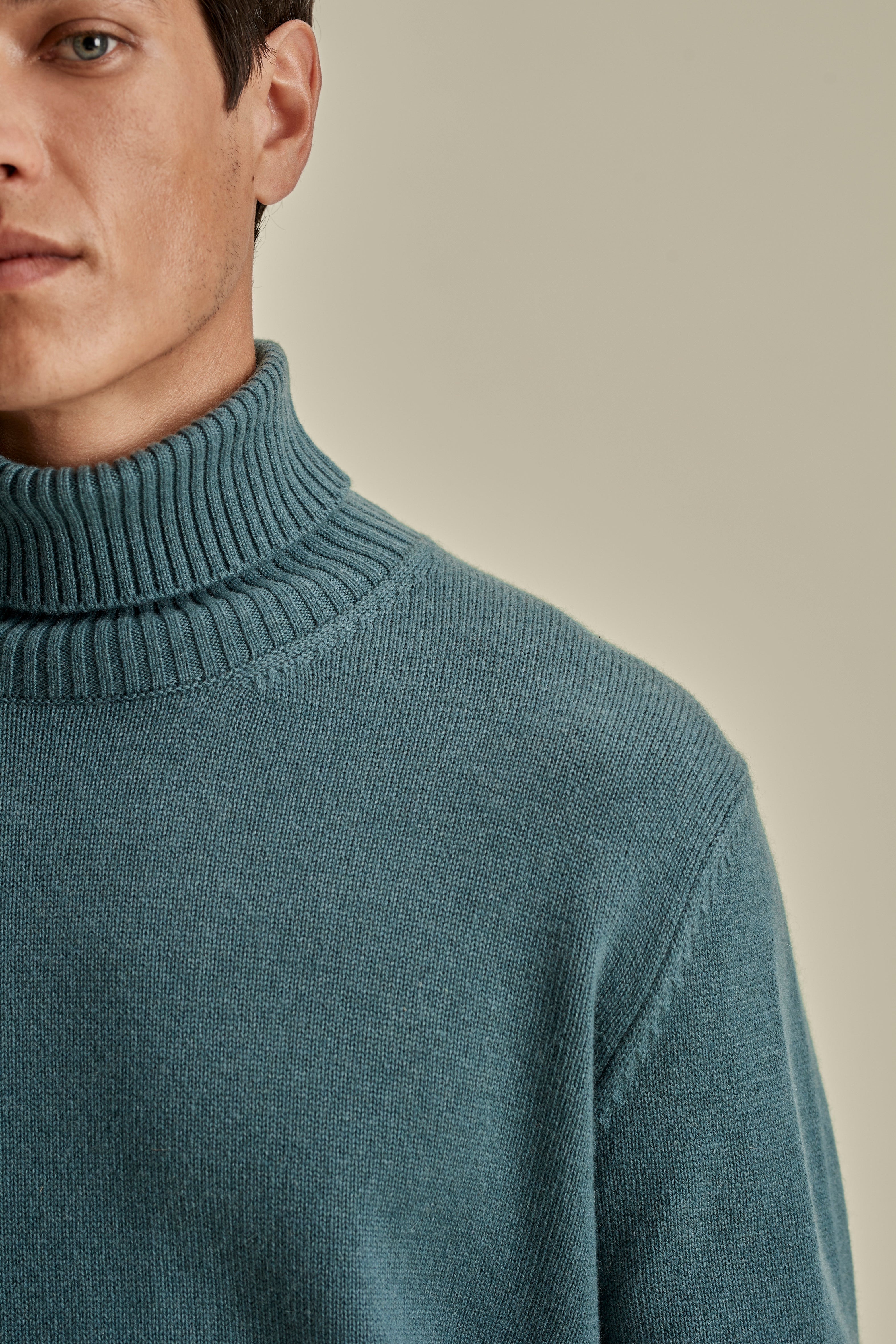 Cashmere Roll Neck Sweater Powder Blue Model Neck Image