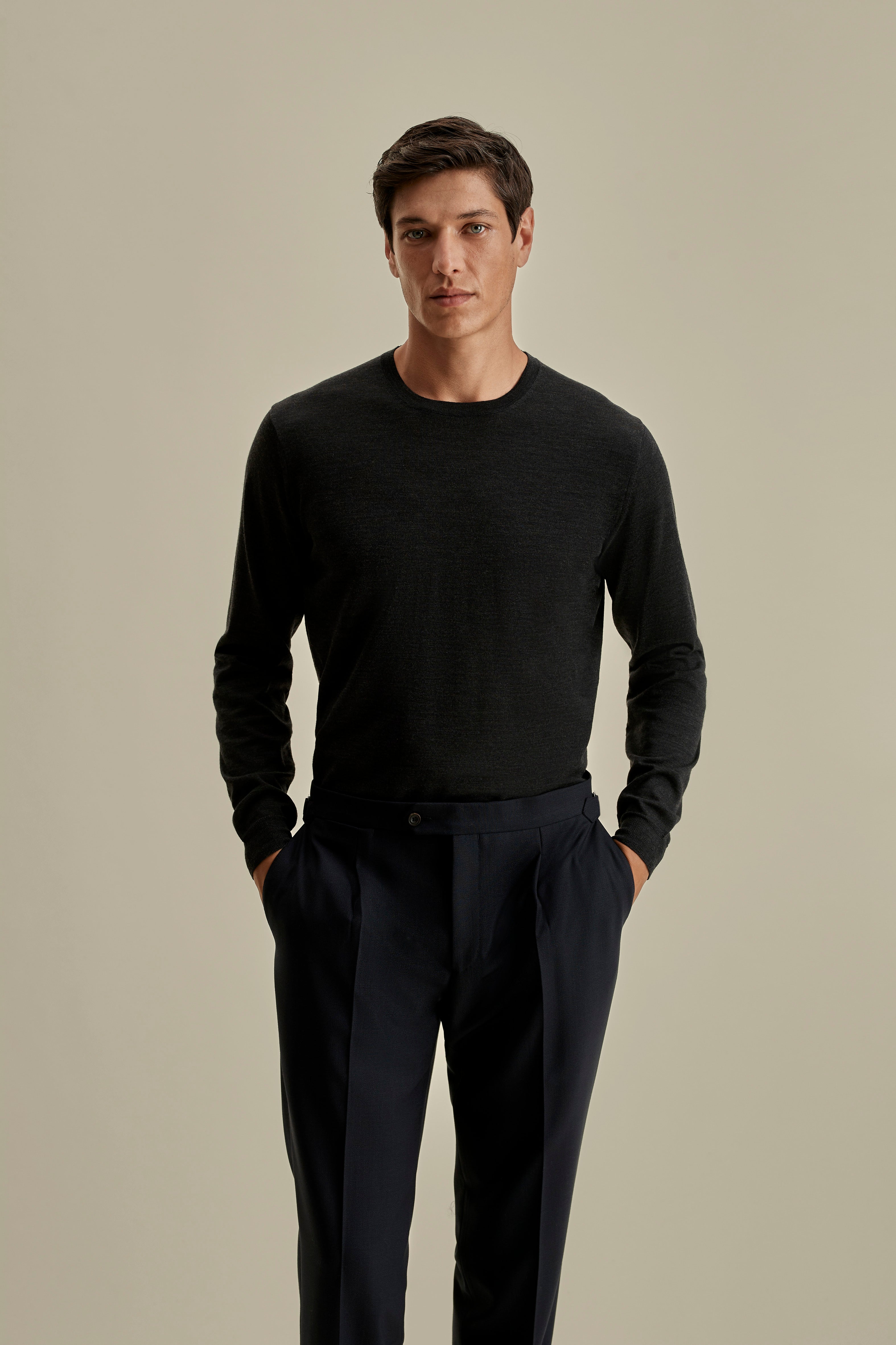 Merino Wool Extrafine Crew Neck Sweater Charcoal Model Cropped Image