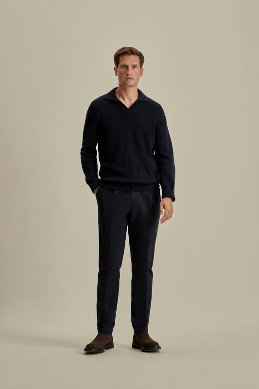 Cashmere Long Sleeve Skipper Polo Shirt Navy Model Image