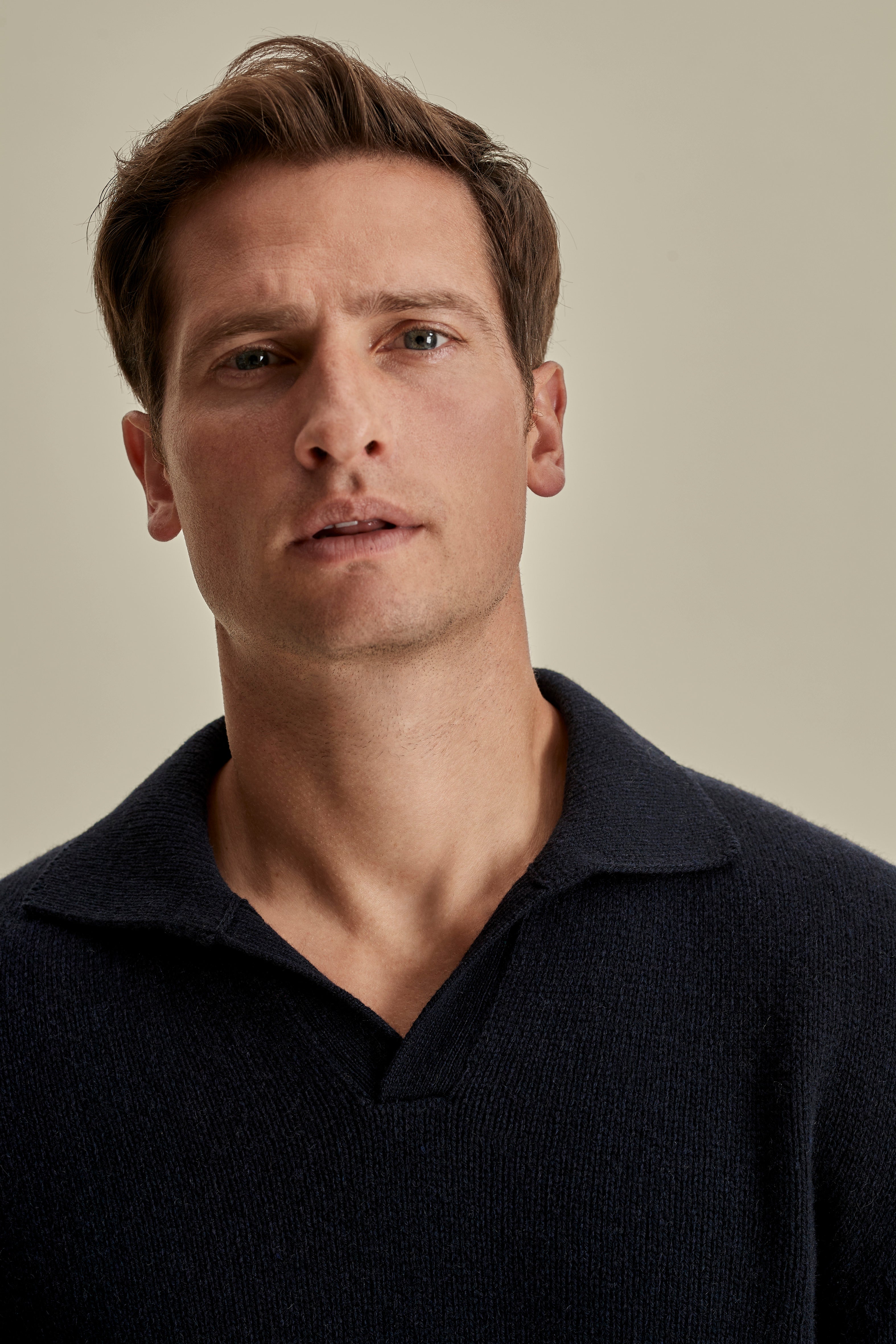 Cashmere Long Sleeve Skipper Polo Shirt Navy Model Neck Image