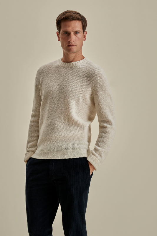 Felted Wool Cashmere Crew Neck Sweater White Model Cropped Image