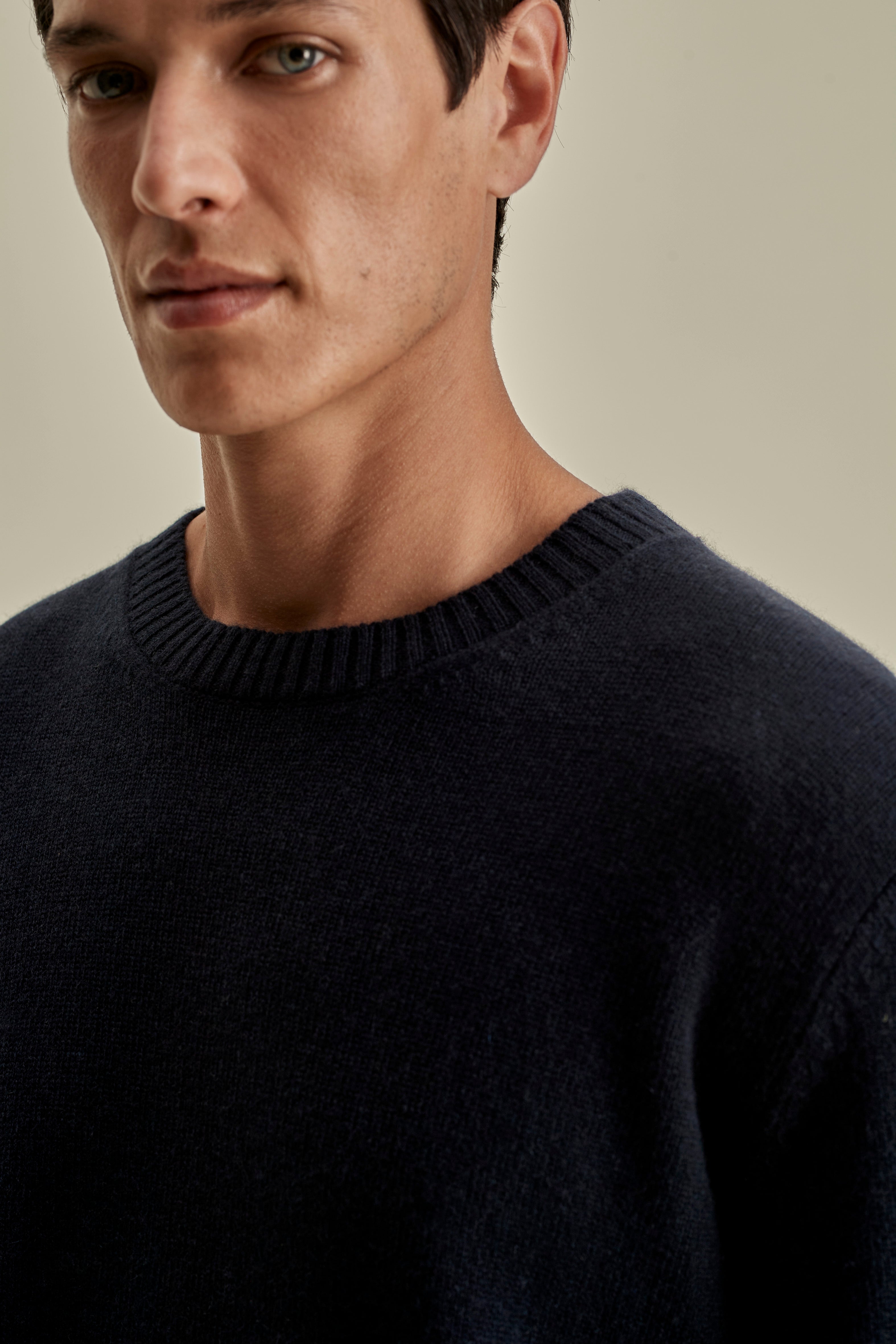 Cashmere Crew Neck Sweater Navy Model Neck Image