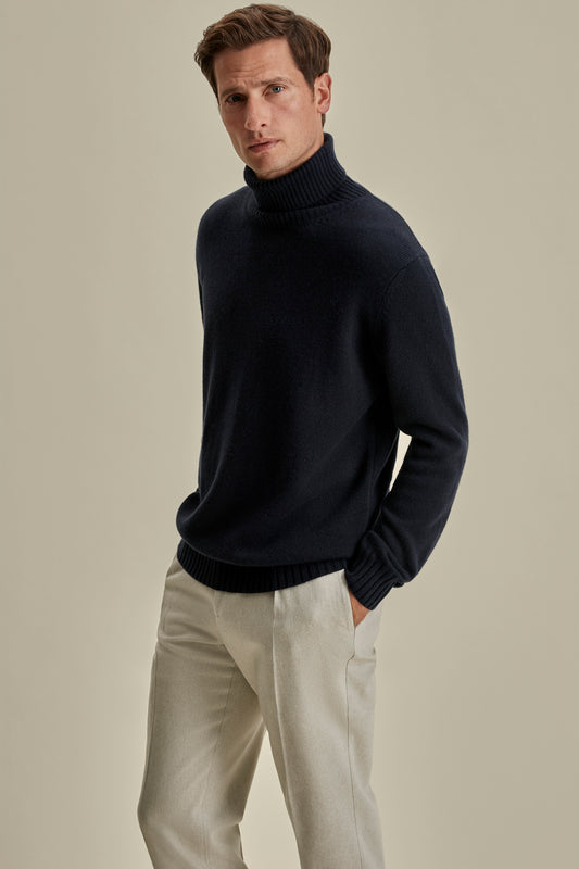 Cashmere Roll Neck Sweater Navy Model Cropped Image