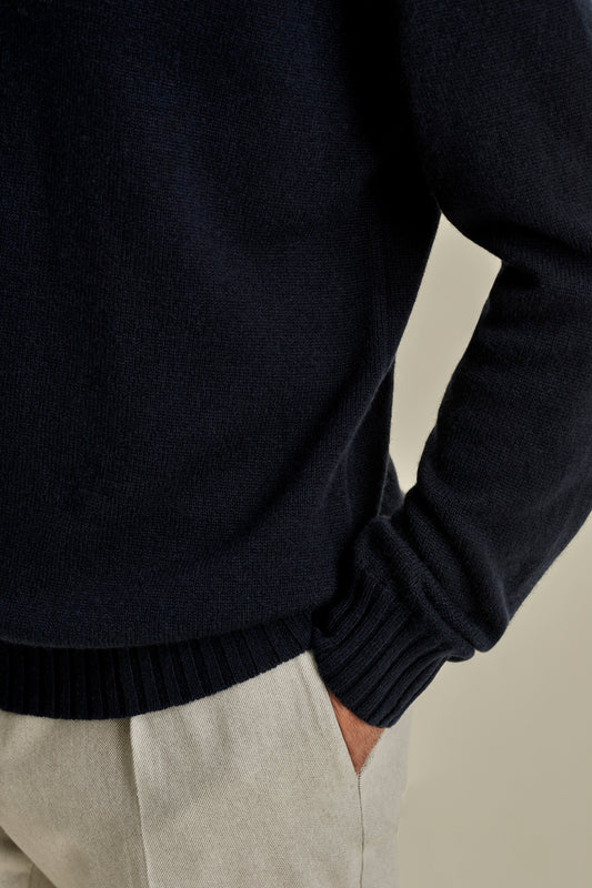 Cashmere Roll Neck Sweater Navy Model Sleeves Image