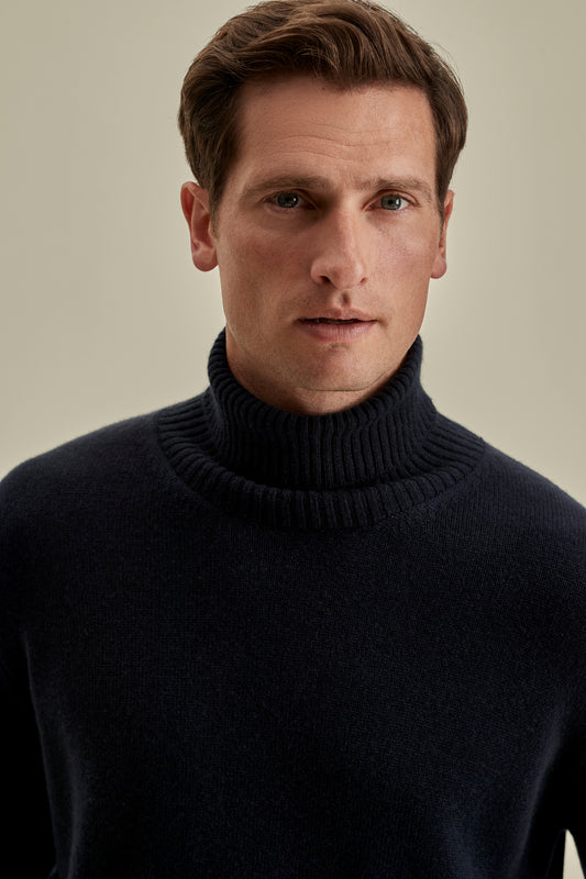 Cashmere Roll Neck Sweater Navy Model Neck Image