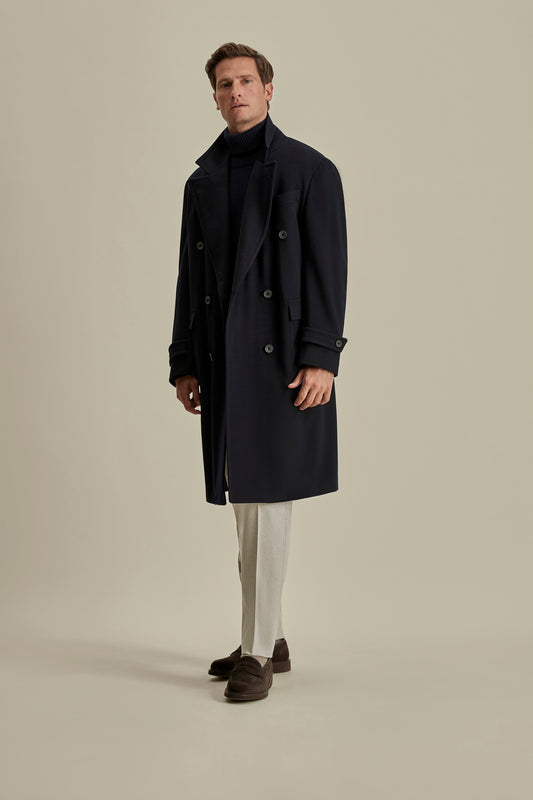 Wool Cashmere Double Breasted Overcoat Navy Model Image