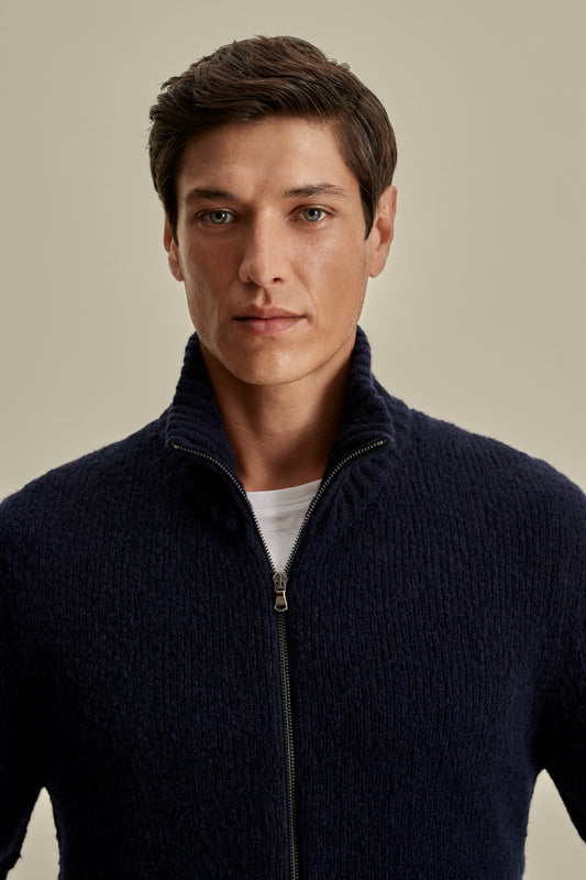 Felted Wool Cashmere Zip-Through Sweater Navy Model Neck Image