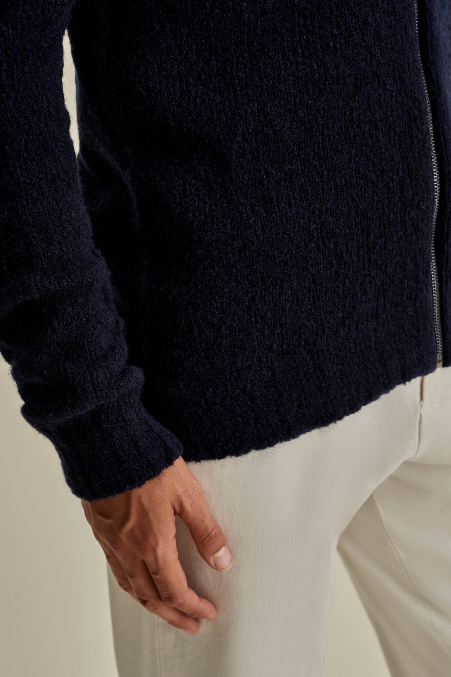 Felted Wool Cashmere Zip-Through Sweater Navy Model Sleeves Image