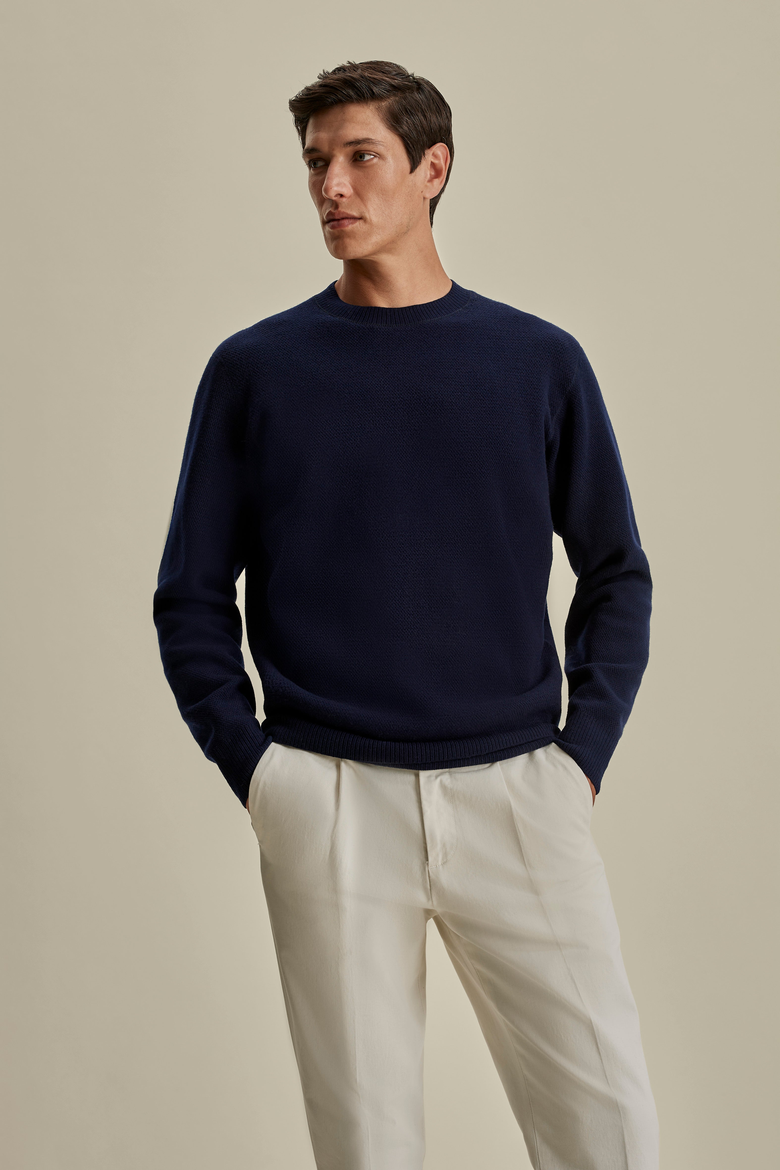 Wool Crew Neck Sweater Navy Model Cropped Image