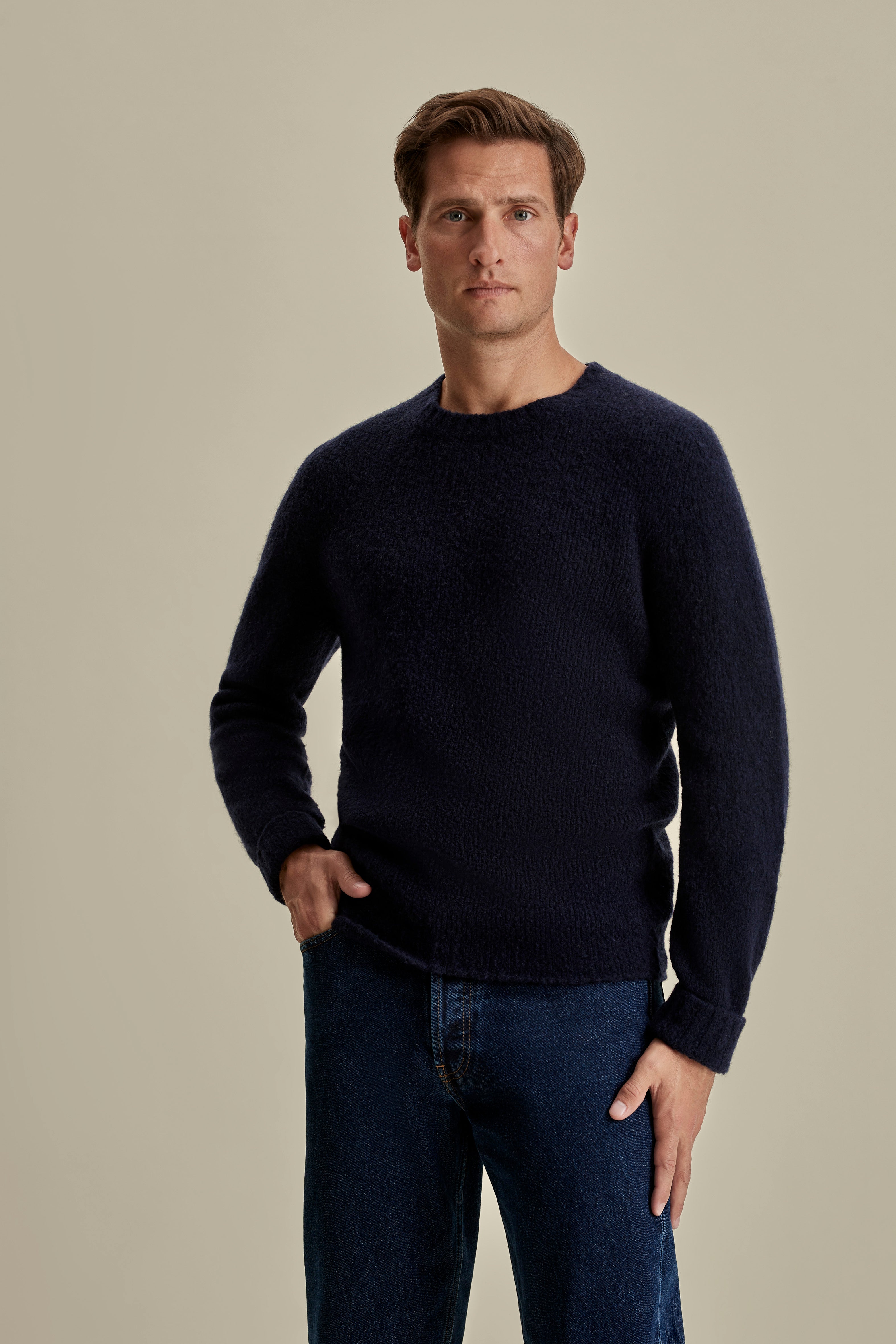 Felted Wool Cashmere Crew Neck Sweater Navy Model Cropped Image