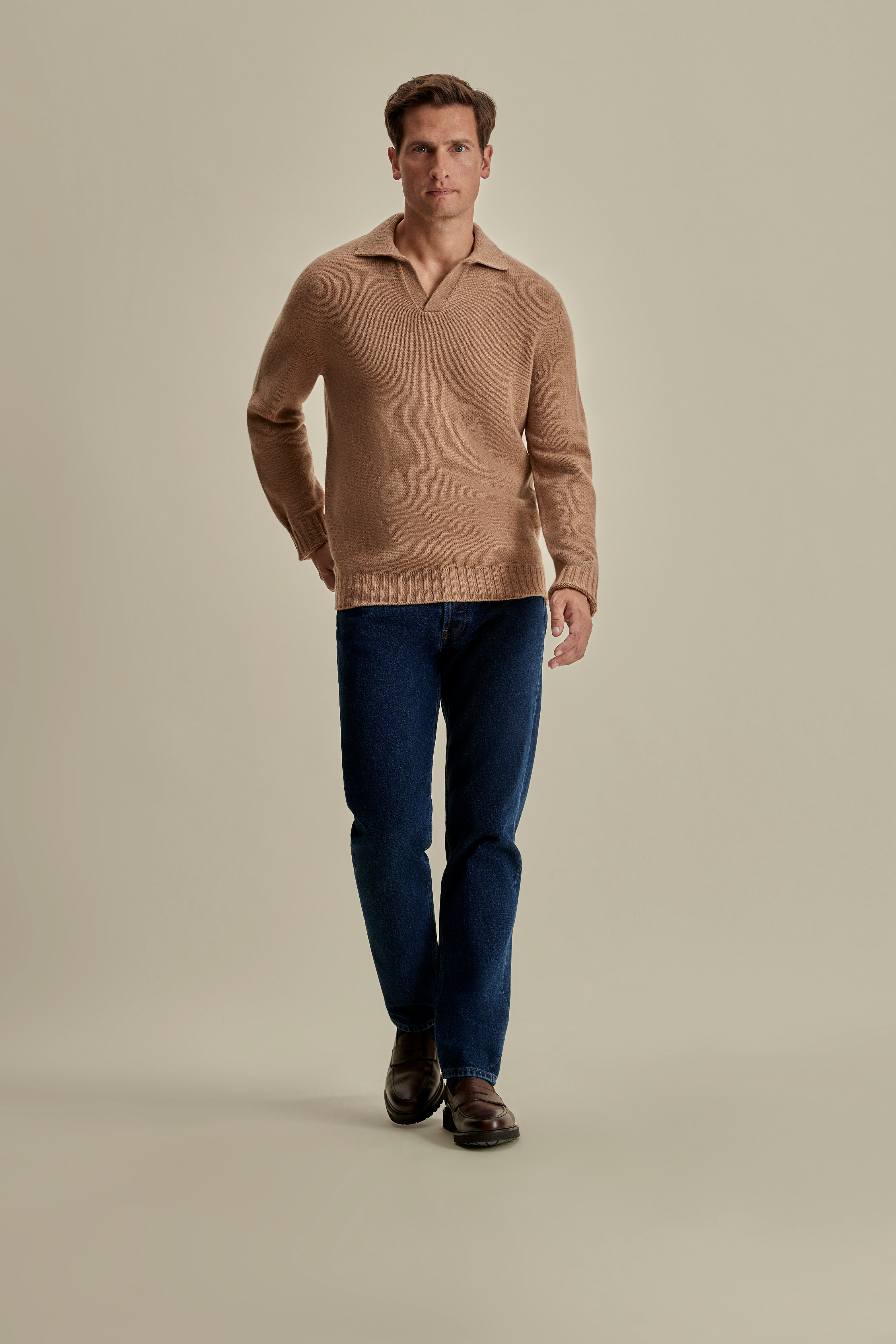 Cashmere Long Sleeve Skipper Polo Shirt Camel Model Image