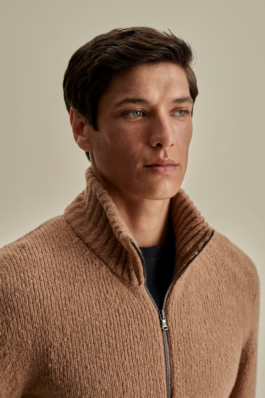 Felted Wool Cashmere Zip-Through Sweater Camel Model Neck Image