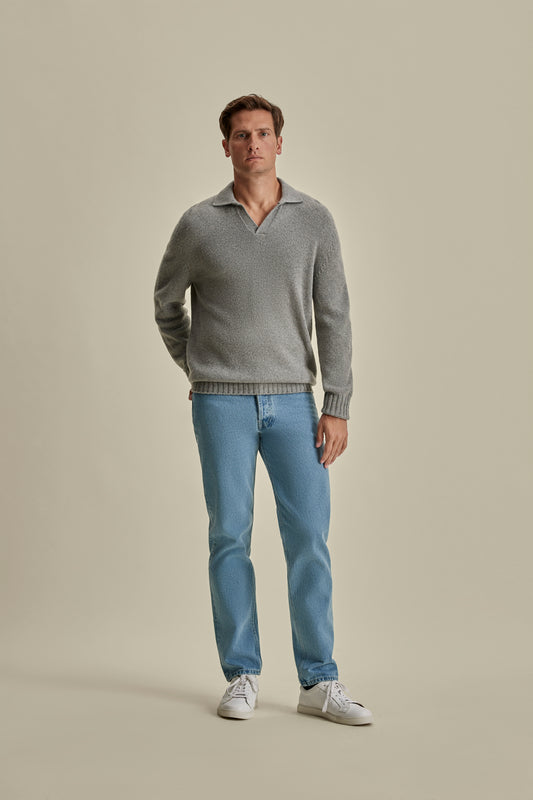 Cashmere Long Sleeve Skipper Polo Shirt Grey Model Image