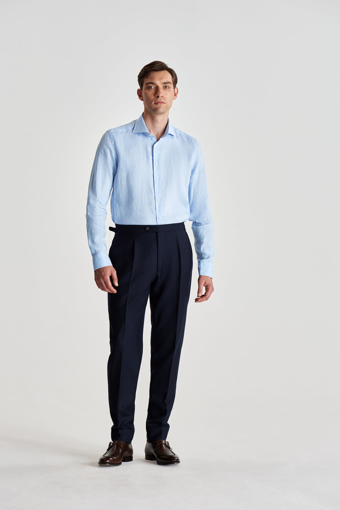 Cutaway Collar Linen Shirt Slate Blue Model Full Length Image