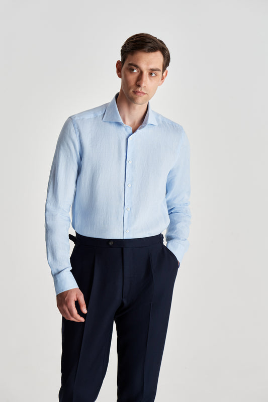 Cutaway Collar Linen Shirt Slate Blue Model Crop Image