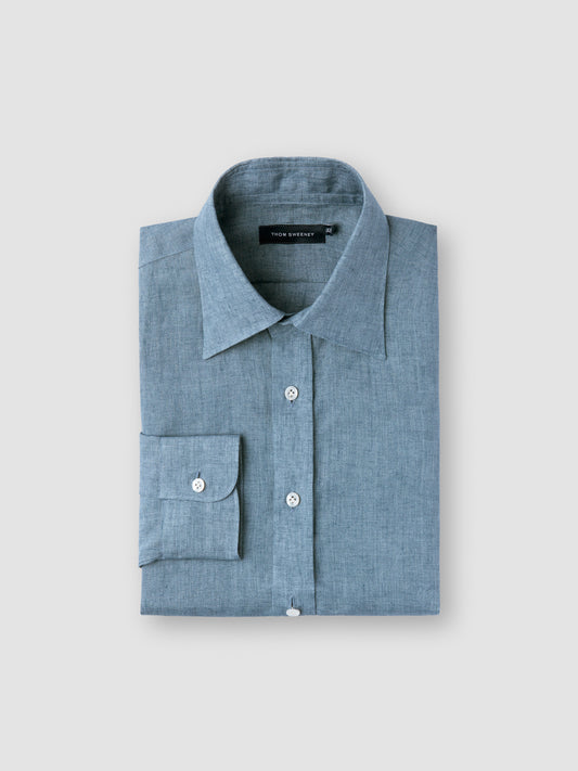 Lecce Collar Linen Shirt Slate Blue Folded Product Image
