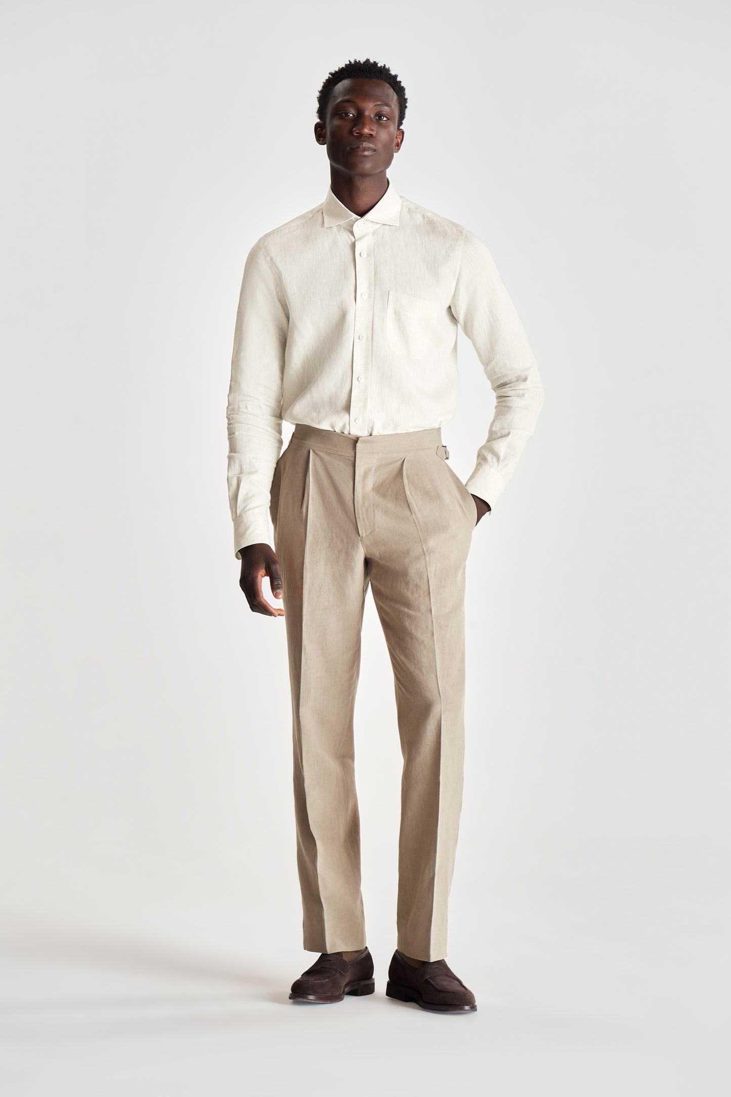 Cutaway Collar Linen Pocket Shirt Beige Full Length Model Image