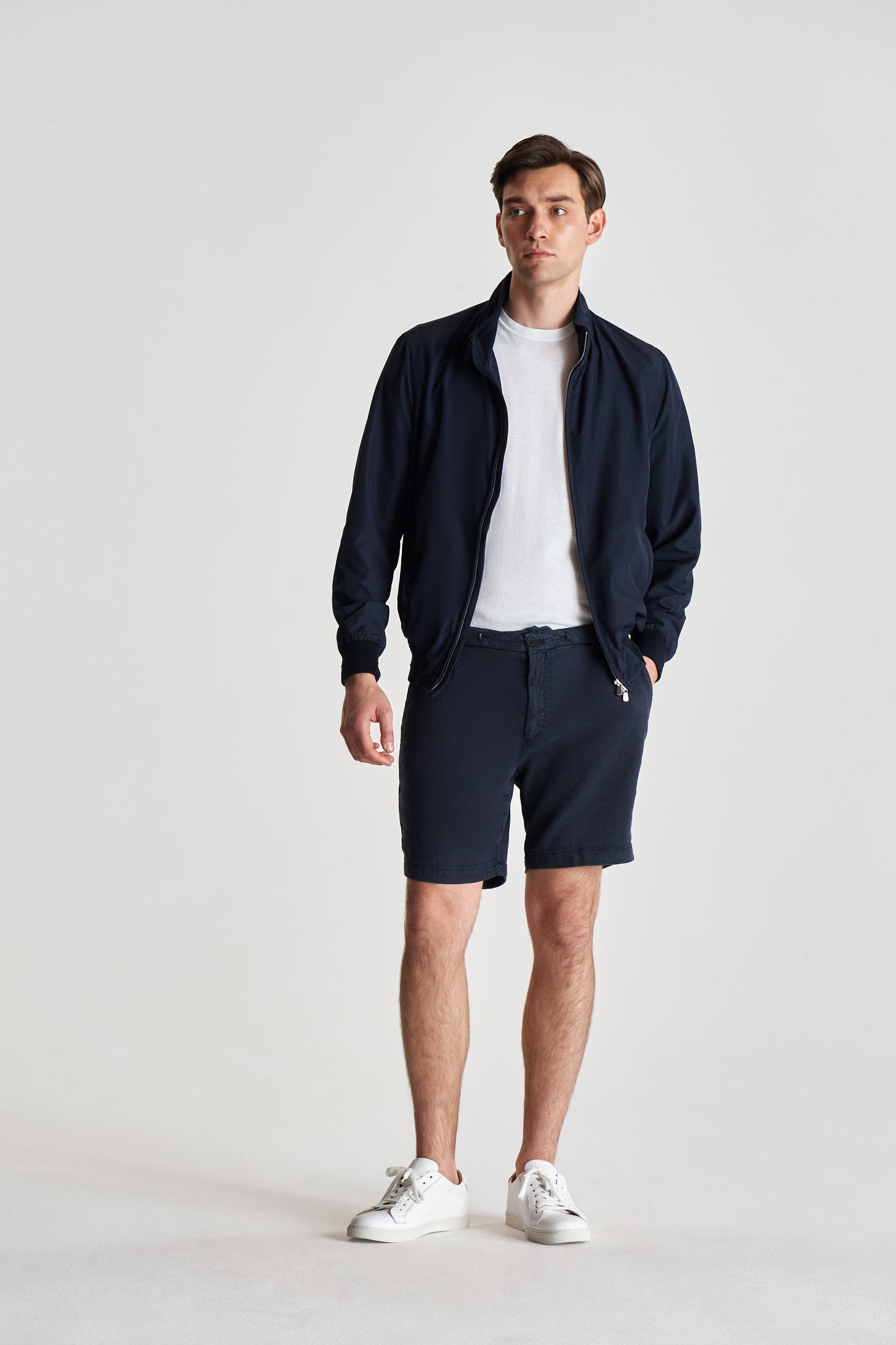Linen Jersey Pleated Shorts Navy Full Length Model Image