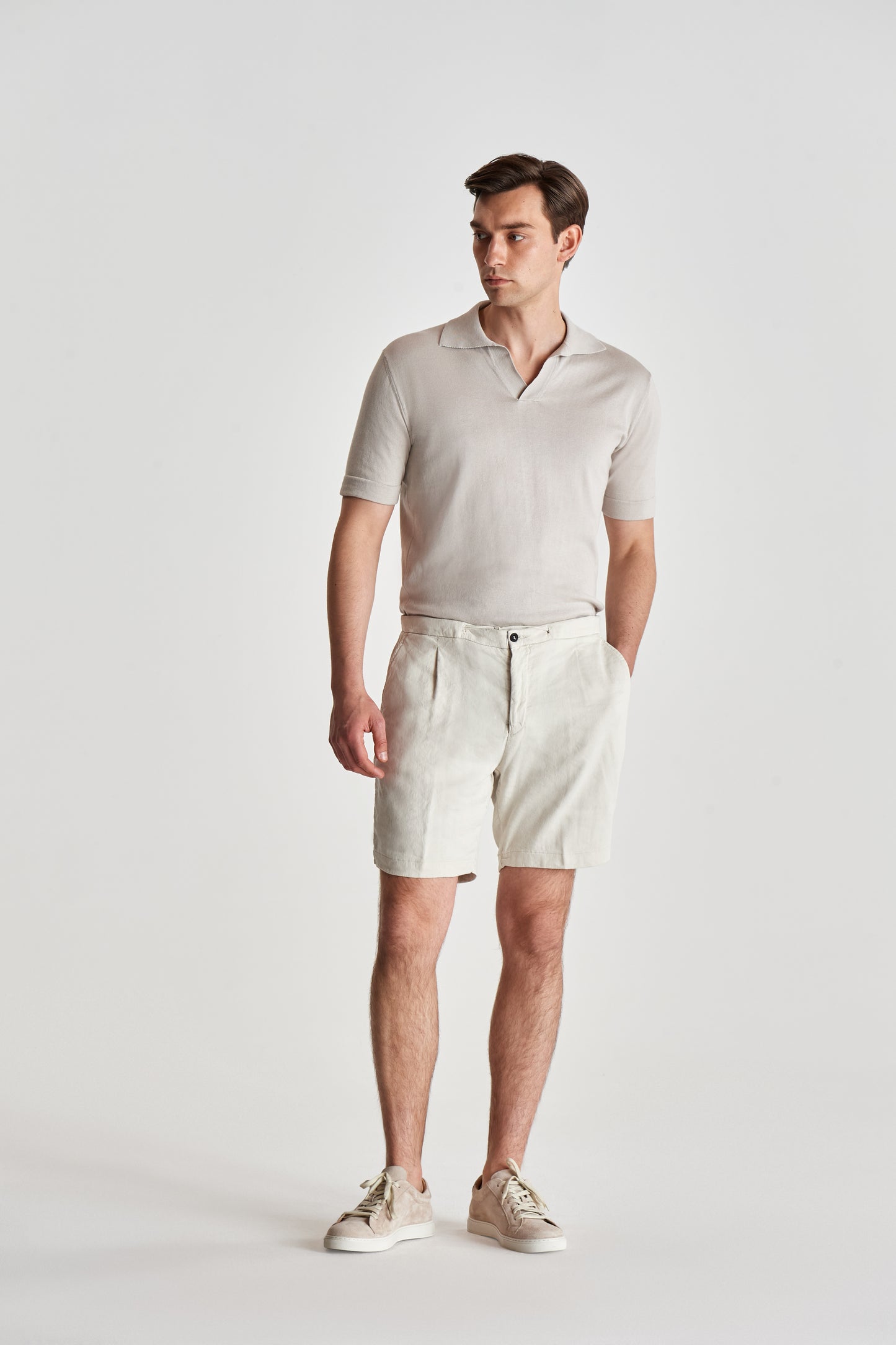 Linen Jersey Pleated Shorts Stone Full Length Model Image