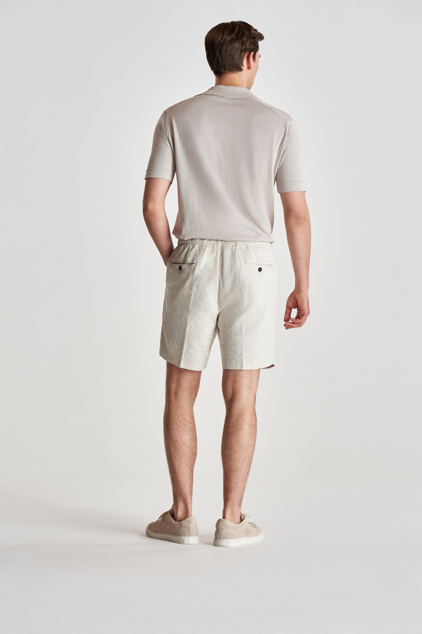 Linen Jersey Pleated Shorts Stone Back Full Length Model Image