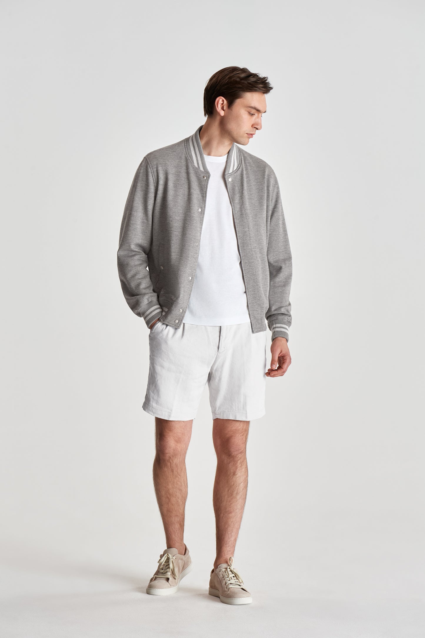 Linen Jersey Pleated Shorts White Model Full Length Image