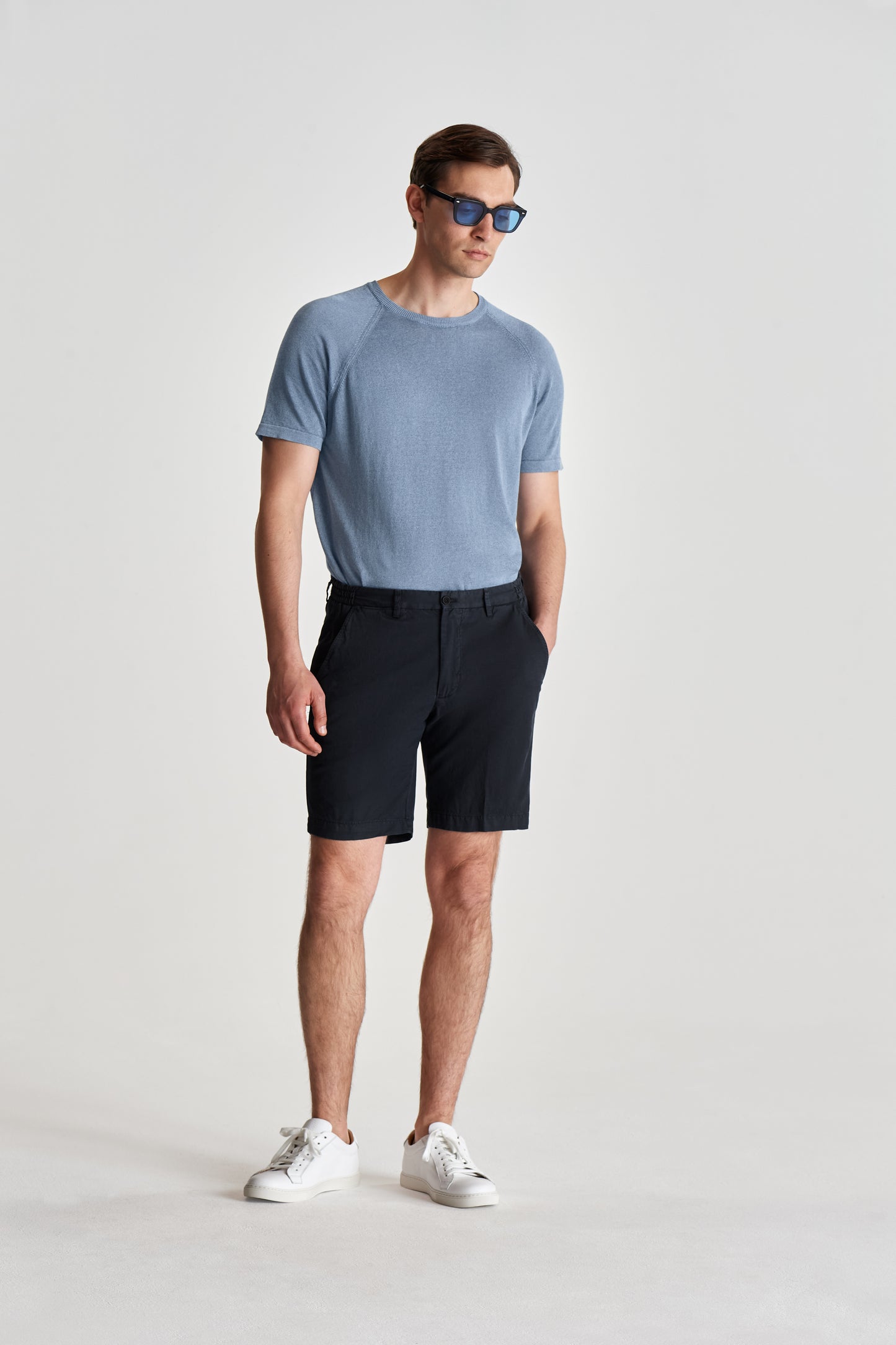 Knitted Cotton Raglan T-Shirt Slate Model Full Length Image