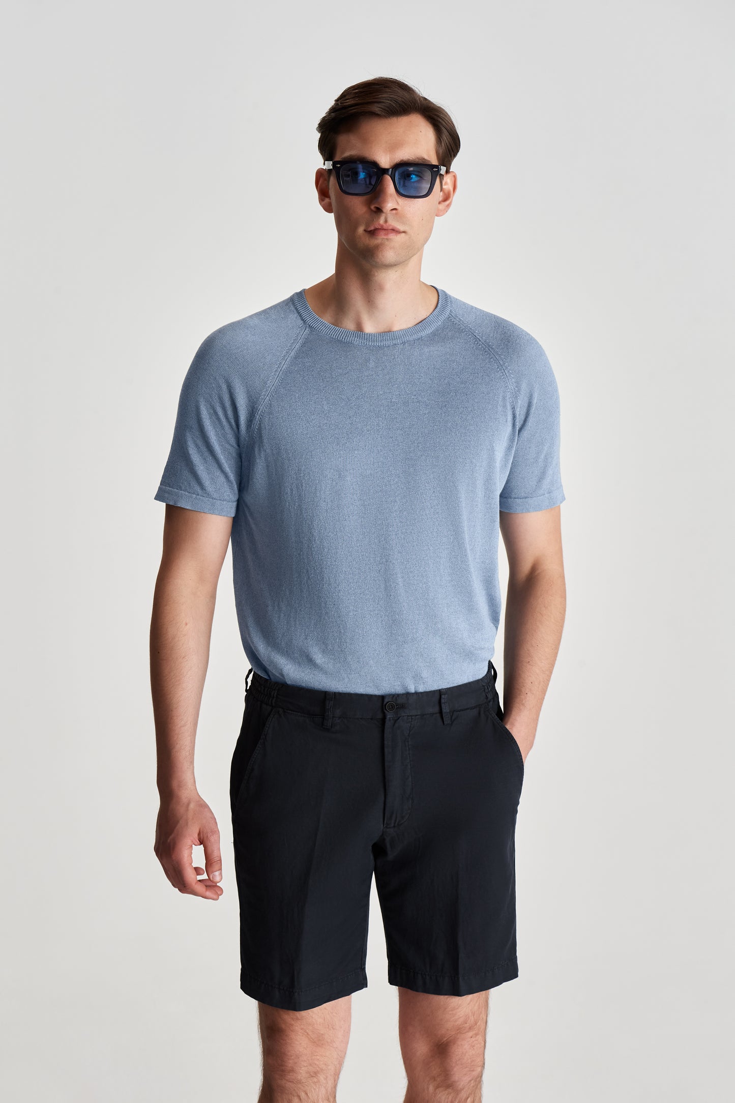 Knitted Cotton Raglan T-Shirt Slate Model Crop Image
