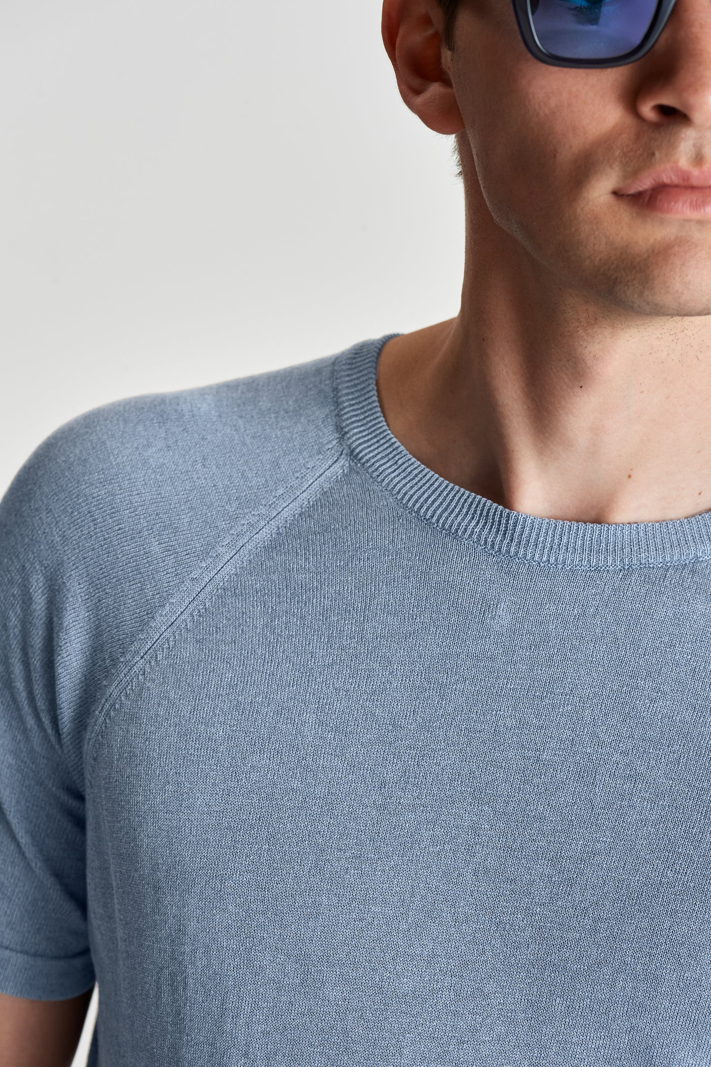 Knitted Cotton Raglan T-Shirt Slate Model Detail Image