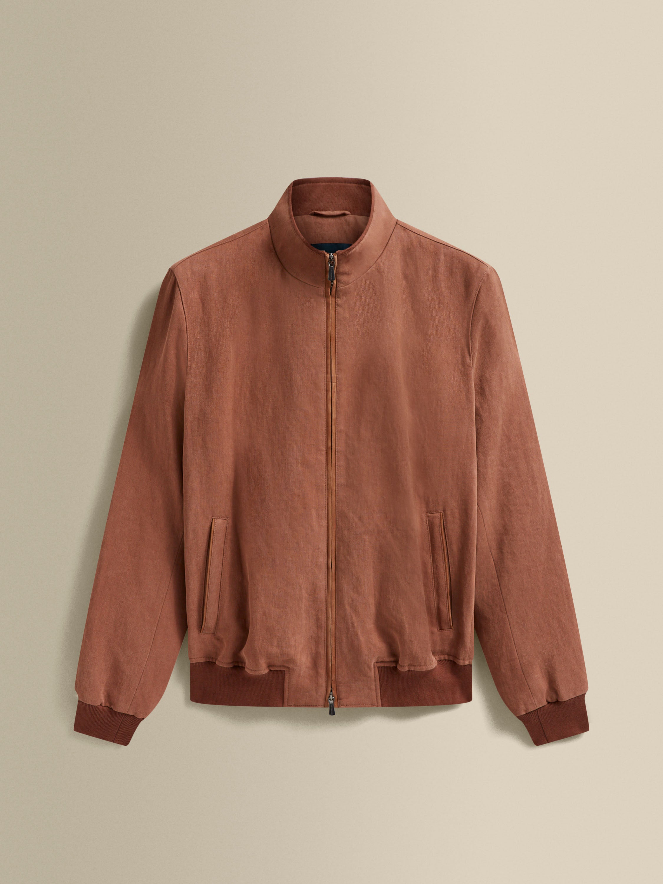 Linen Zip-Through Mock Collar Bomber Jacket Copper Product Image