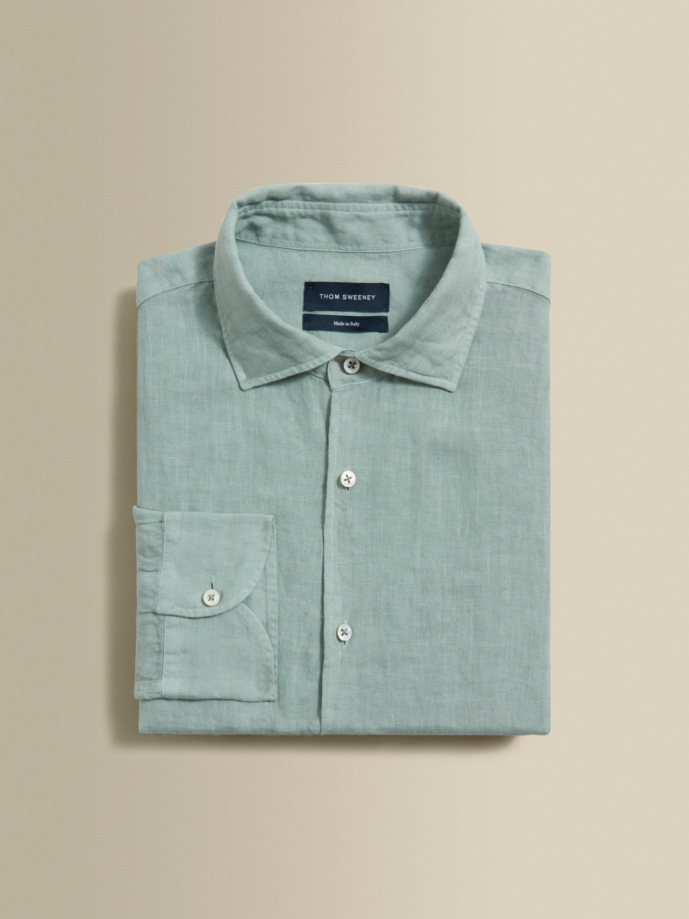 Linen Cutaway Collar Shirt Sage Folded Product Image