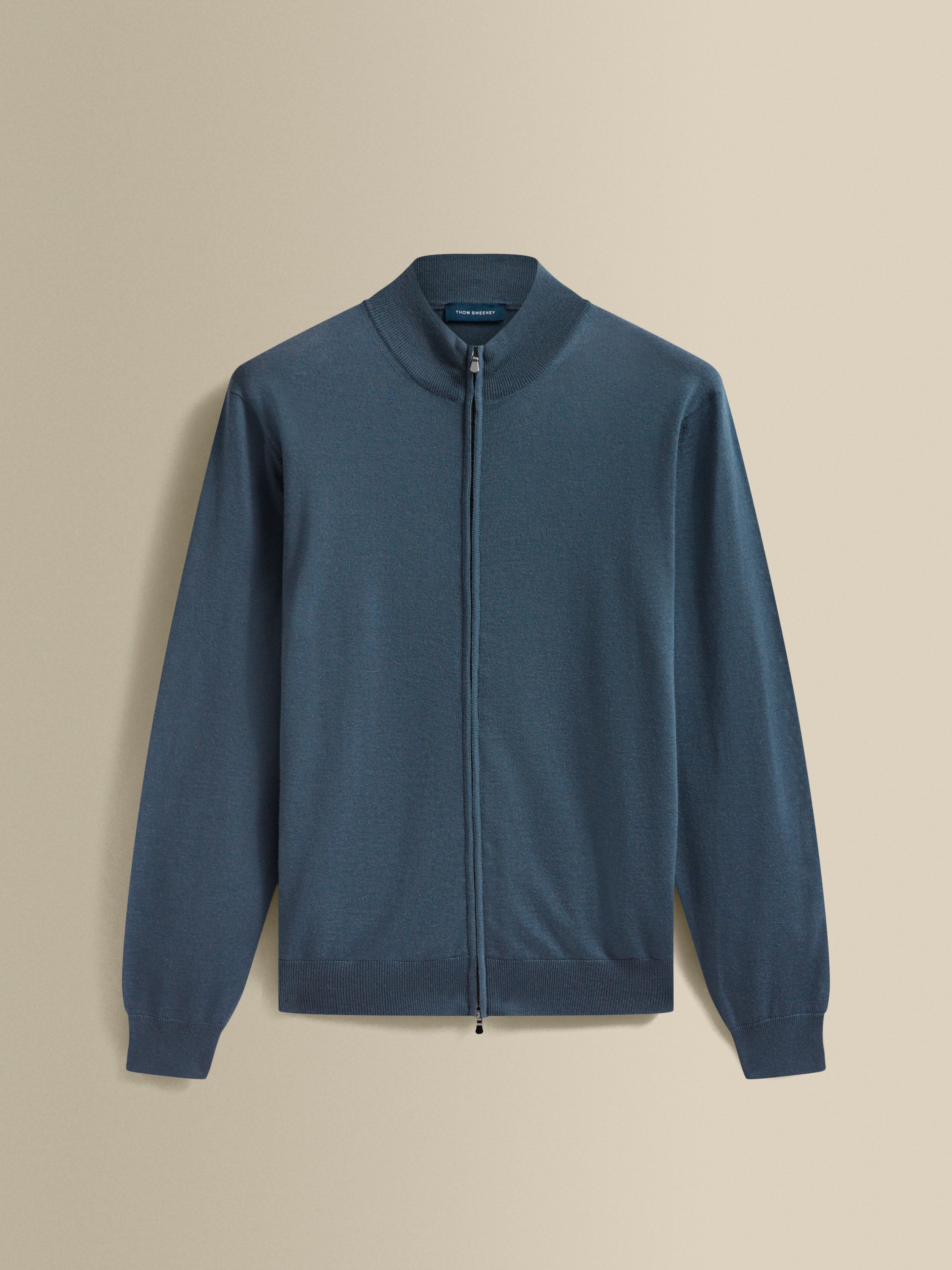 Merino Wool Zip-Through Mock Neck Knit Slate Blue Product Image