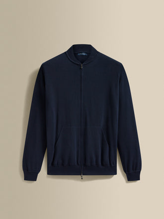 Cotton Zip-Through Baseball Collar Knit Navy Product Image
