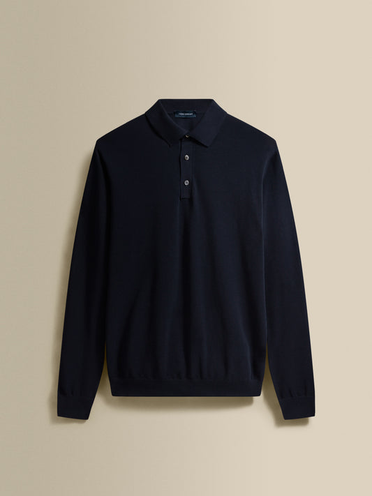 Cotton Air Crepe Long Sleeve Polo Shirt Navy Product Image