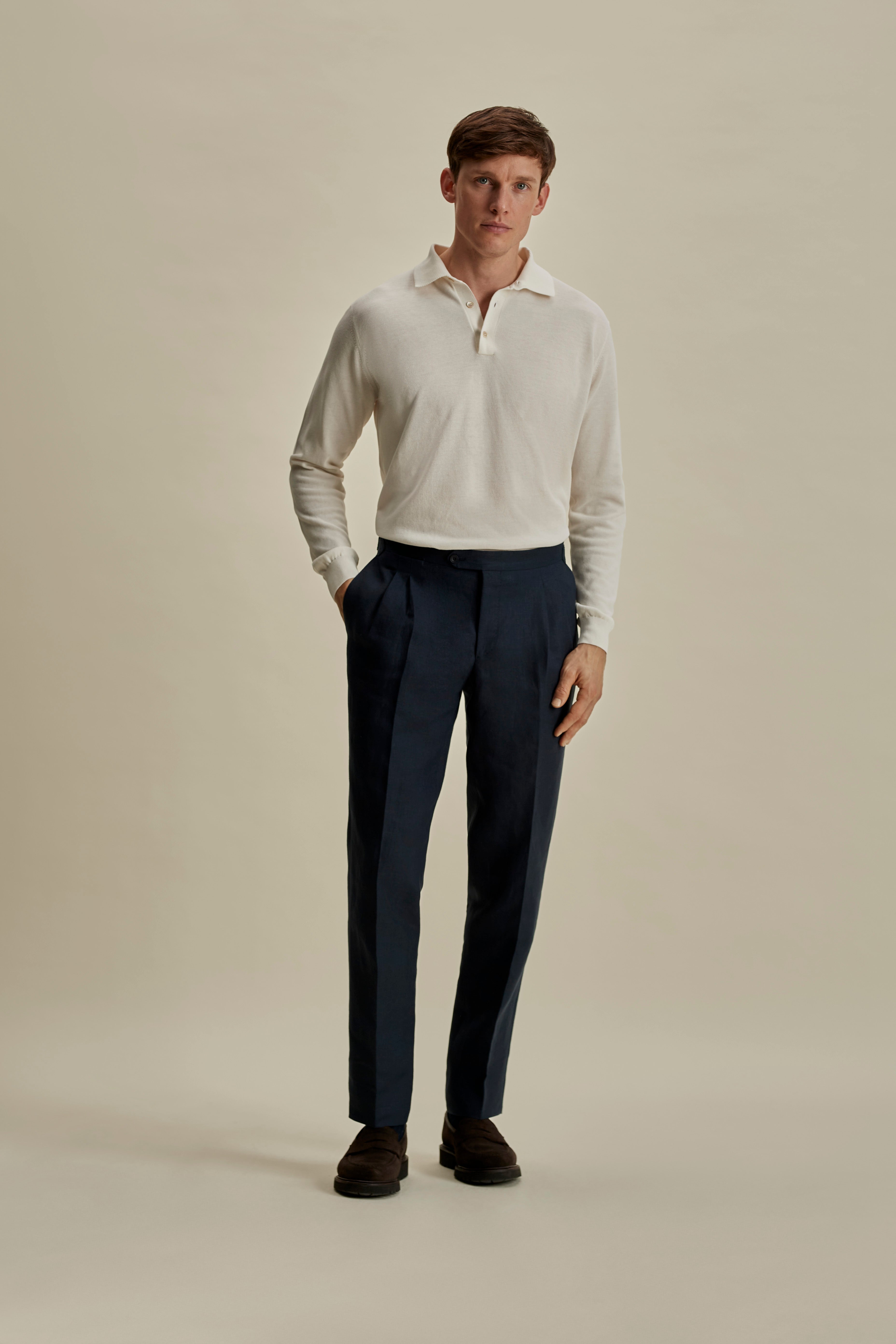 Cotton Air Crepe Long Sleeve Polo Shirt Off White Full Length Model Image