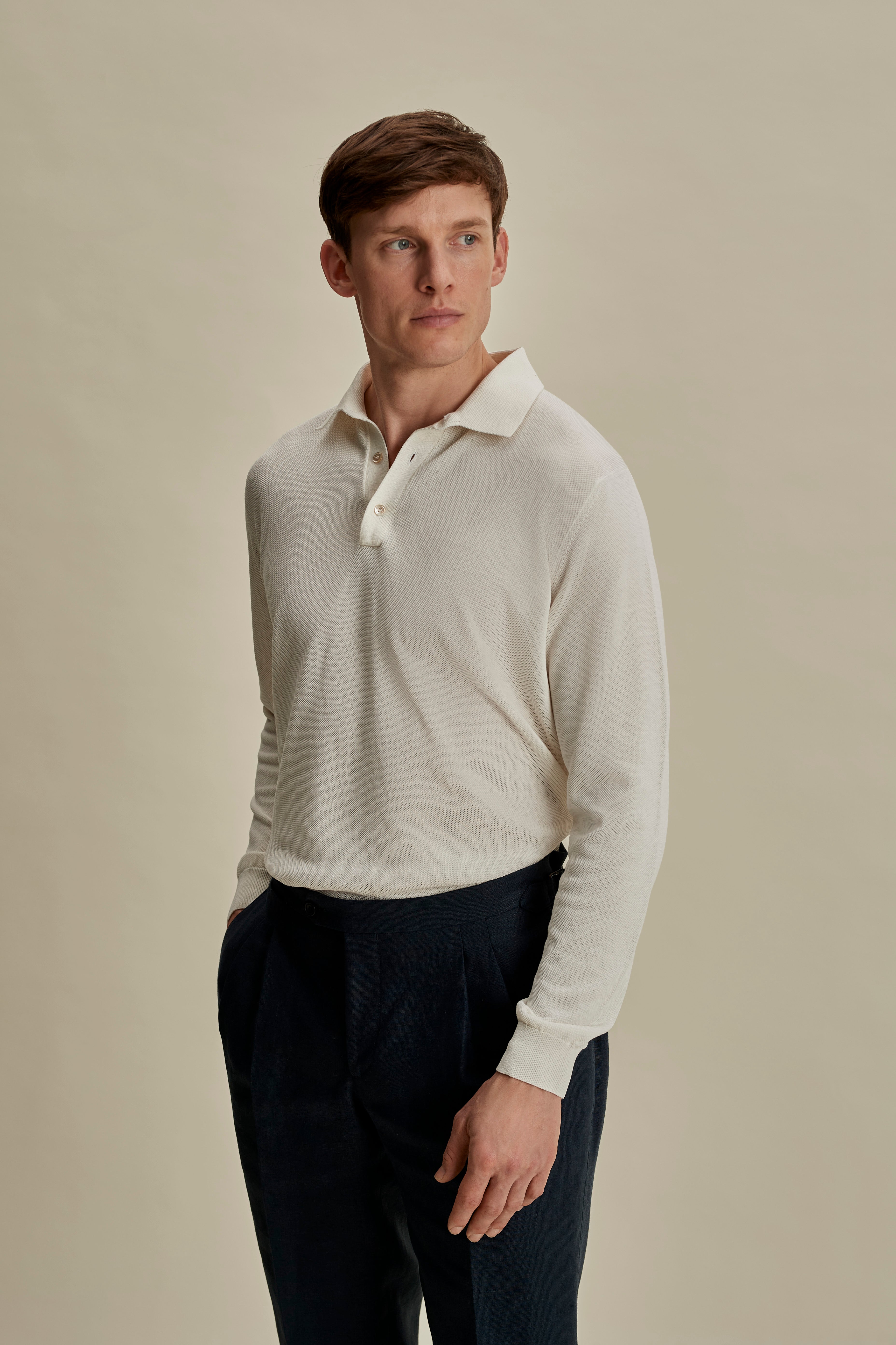 Cotton Air Crepe Long Sleeve Polo Shirt Off White Cropped Model Image